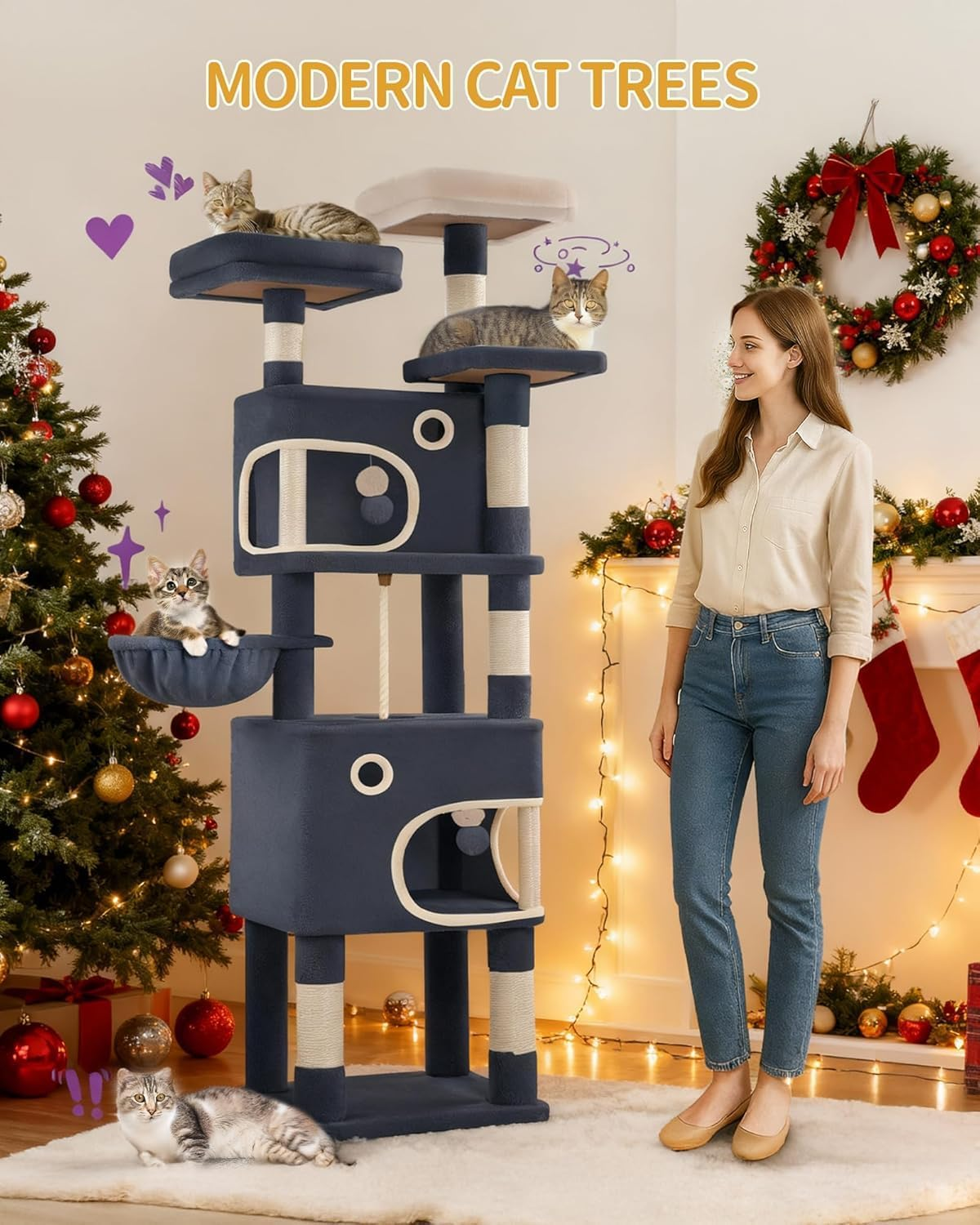 Hzuaneri Cat Tree for Indoor Cats, Cat Tower, Multi-Level Cats Condo with 8 Scratching Posts, 3 Platforms, 2 Caves, Basket, Plush Balls, Sisal Rope, Anti-Tip Kit, 180Cm Dark Gray MS18018SG image number 6