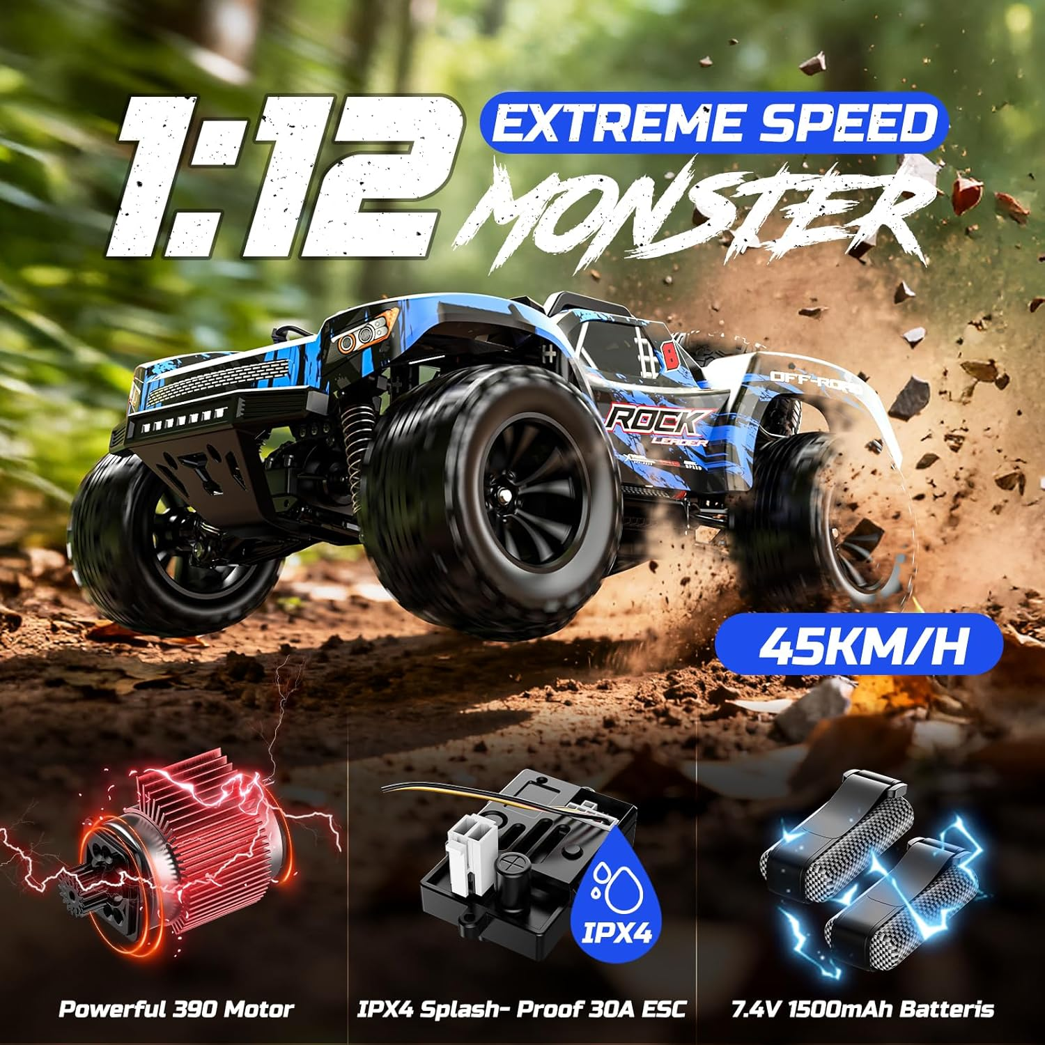 DEERC 9006E 1:12 RC Cars for Adults Boys, 45KM/H Off-Road Short Course Truck, 4WD All Terrain Remote Control Monster Truck, 2.4Ghz Waterproof Car with 2 Rechargeable Batteries, Spare Tire, LED Lights image number 6