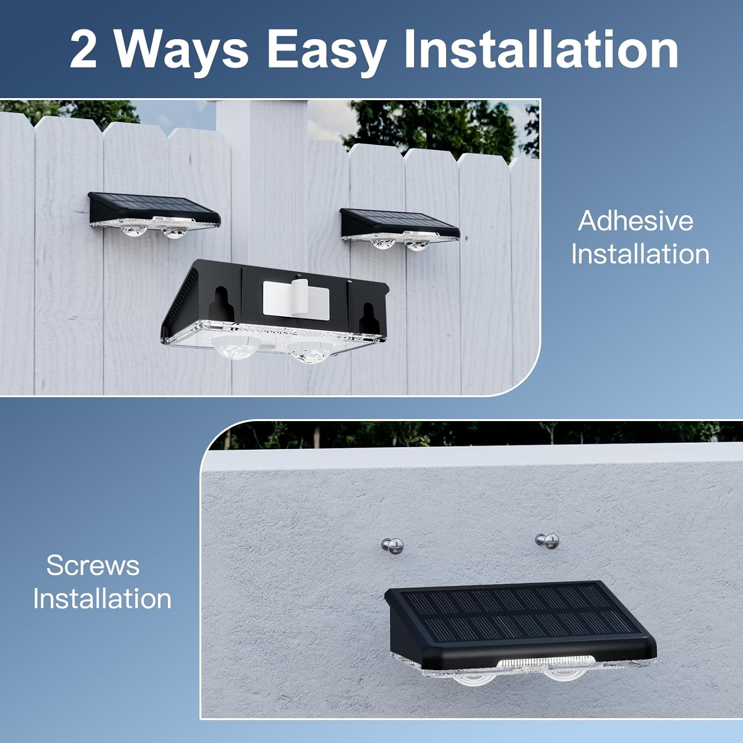 Quntis Outdoor Solar Wall Lights, 4 Pack Solar Fence Lights Warm White & 11 RGB Modes IP64 Waterproof Wireless Stick on Wall Lamps for outside Garden Front Door Deck Stair Yard Railing Patio D&eacute;cor