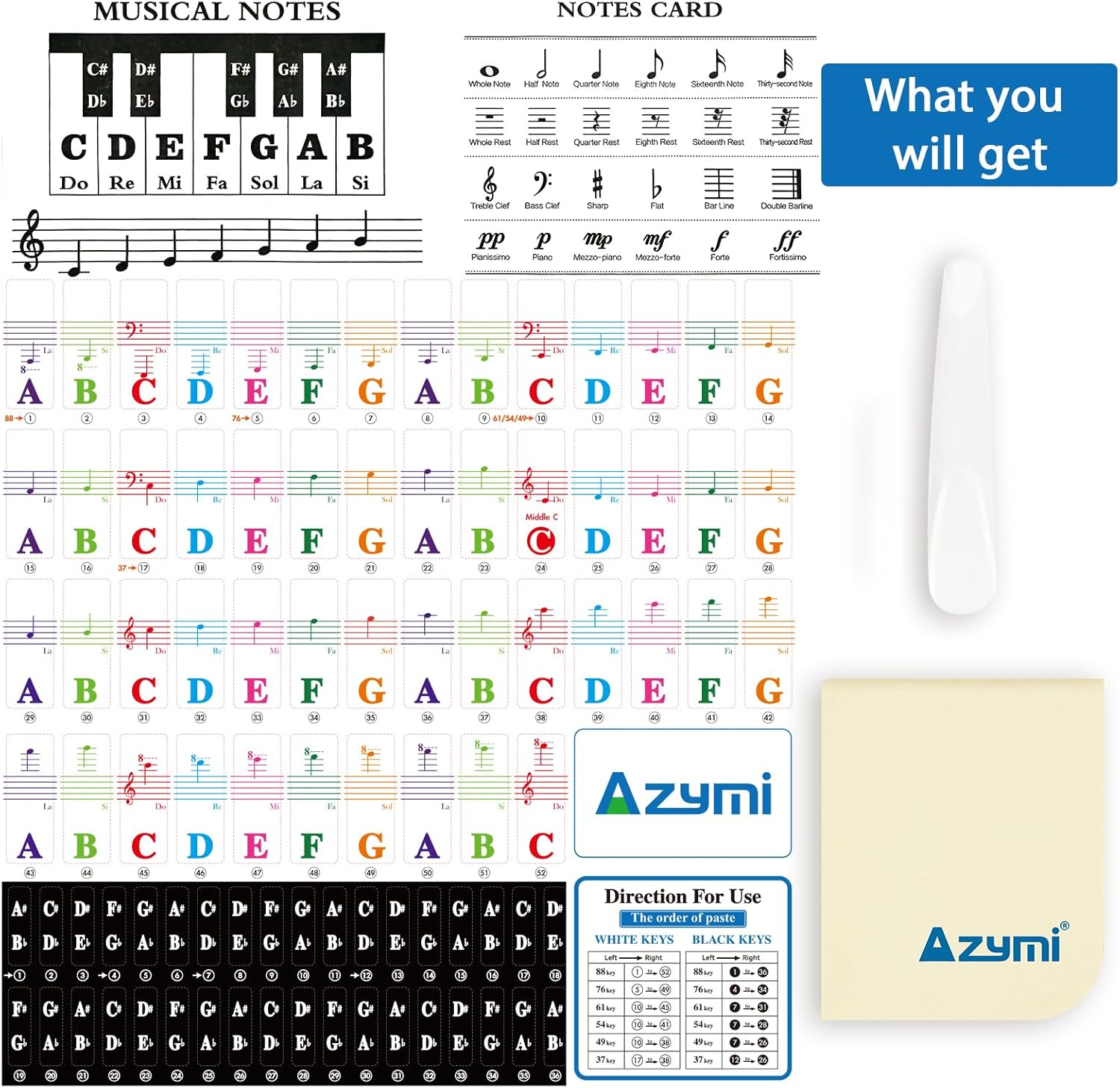 Piano Stickers, Piano Key Stickers for 88/61/54/49/37 Key Full Set for White and Black Keys, Colorful Bigger Letter-Thinner Transparent Removable with Cleaning Cloth