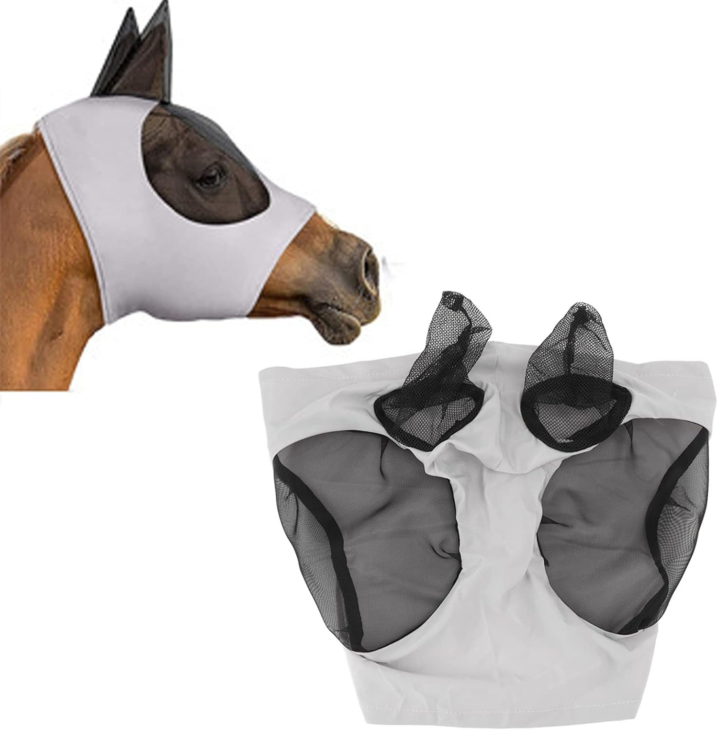 Breathable Horse Mesh Fly Mask with Ears, Elastic Equestrian Face Mask for Horses, Sunlight Protection & Fly Protector (Gray) image number 6