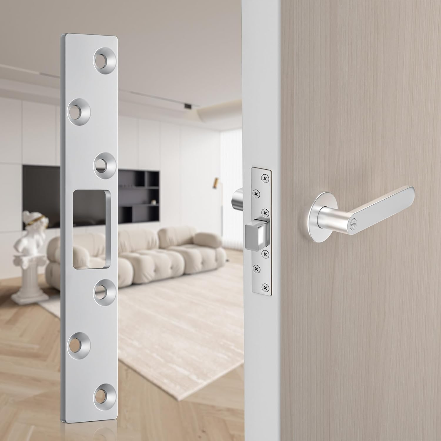 RO6G 72001 Brushed Satin Nickel Lock Short Strike Plate with 12 Screws, Door Knob/Deadbolt Cover Plate, Stainless Steel Security Latch Strike - 2 Set image number 3