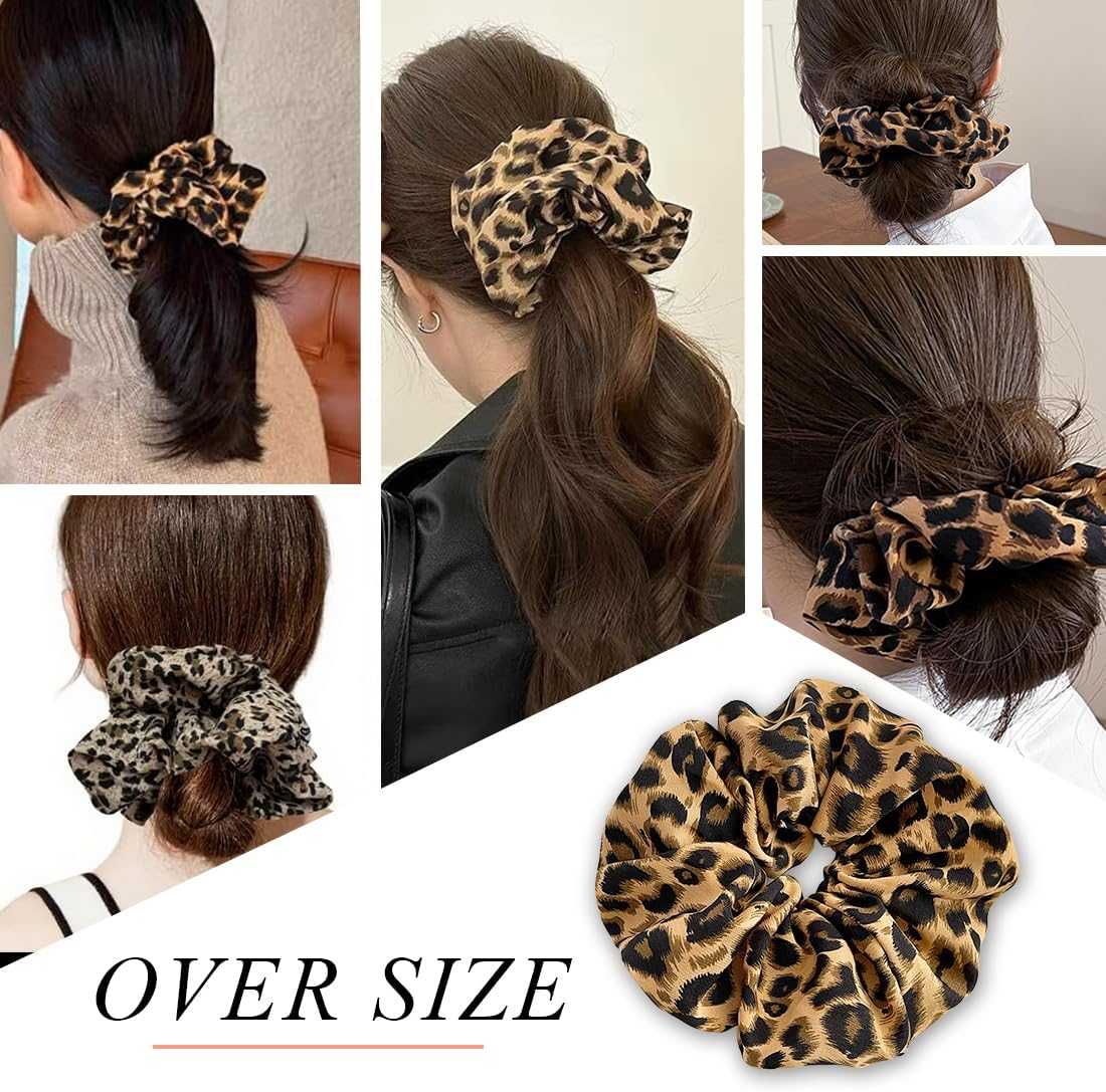 JYNVO Pack of 2 Hair Ties for Women, Leopard Print, Satin Elastic Thick Bands, Ponytail Holder, Women Hair Accessories, Hair Bobbles, Extra Large Scrunchie, Dark & Light Leopard Print