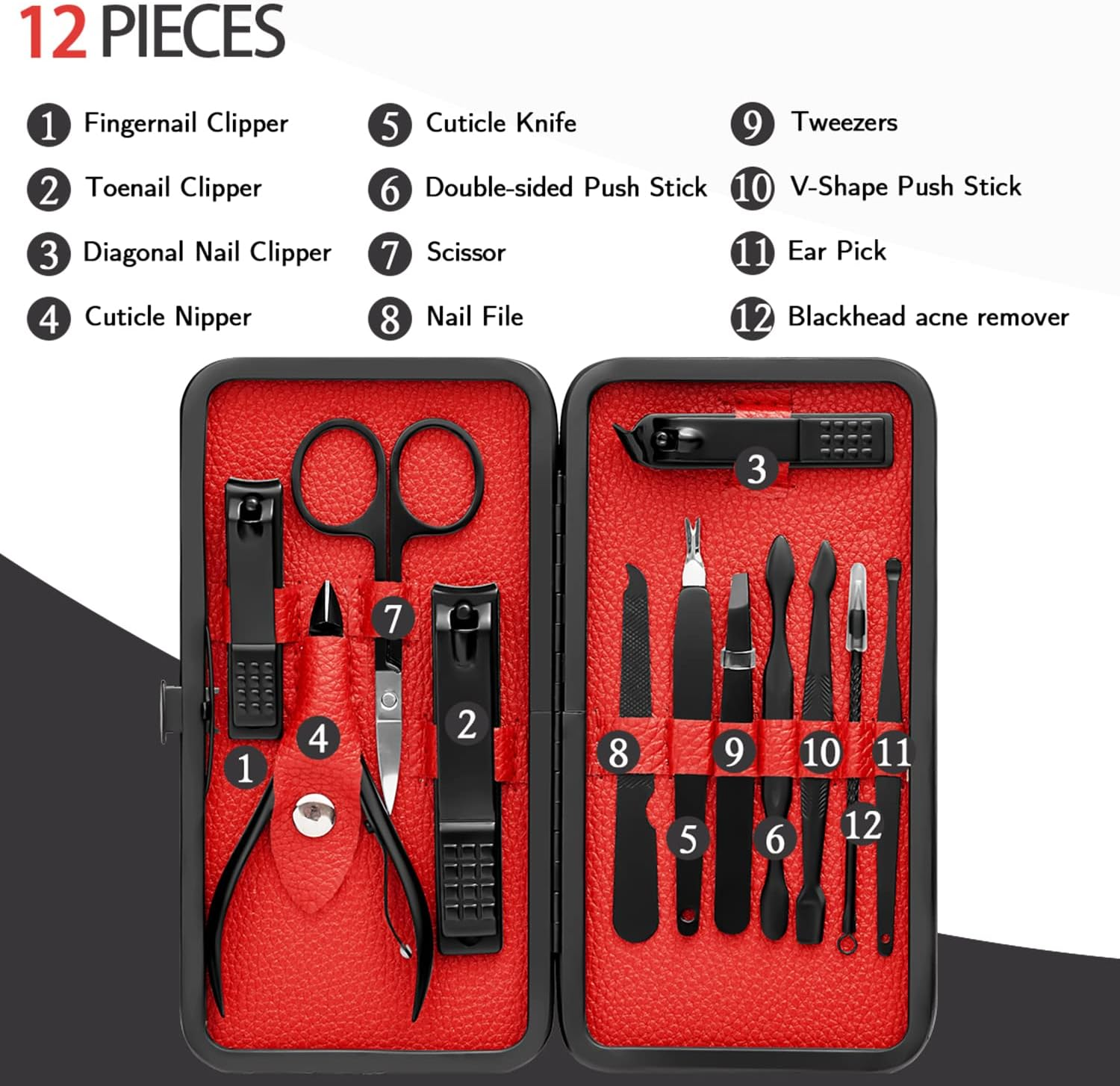 FAMILIFE Manicure Set Professional Stainless Steel Manicure Kit for Women 12Pcs Nail Clippers Kit Travel Case (Black) image number 1