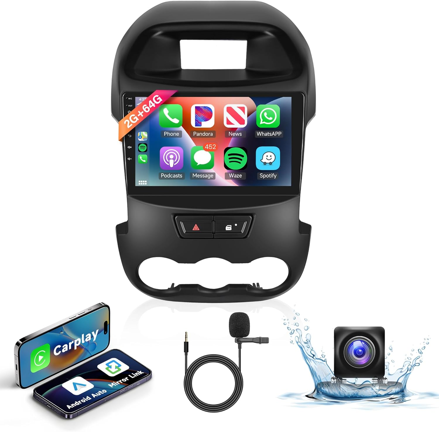 Android Car Stereo for Ford Ranger 2011-2015,Wireless Carplay Android Auto Car Radio,2G+64G 9&rsquo;&rsquo; Touch Screen Head Unit with GPS Navigation Wifi Bluetooth Mirror Link FM RDS AHD Backup Camera Mic