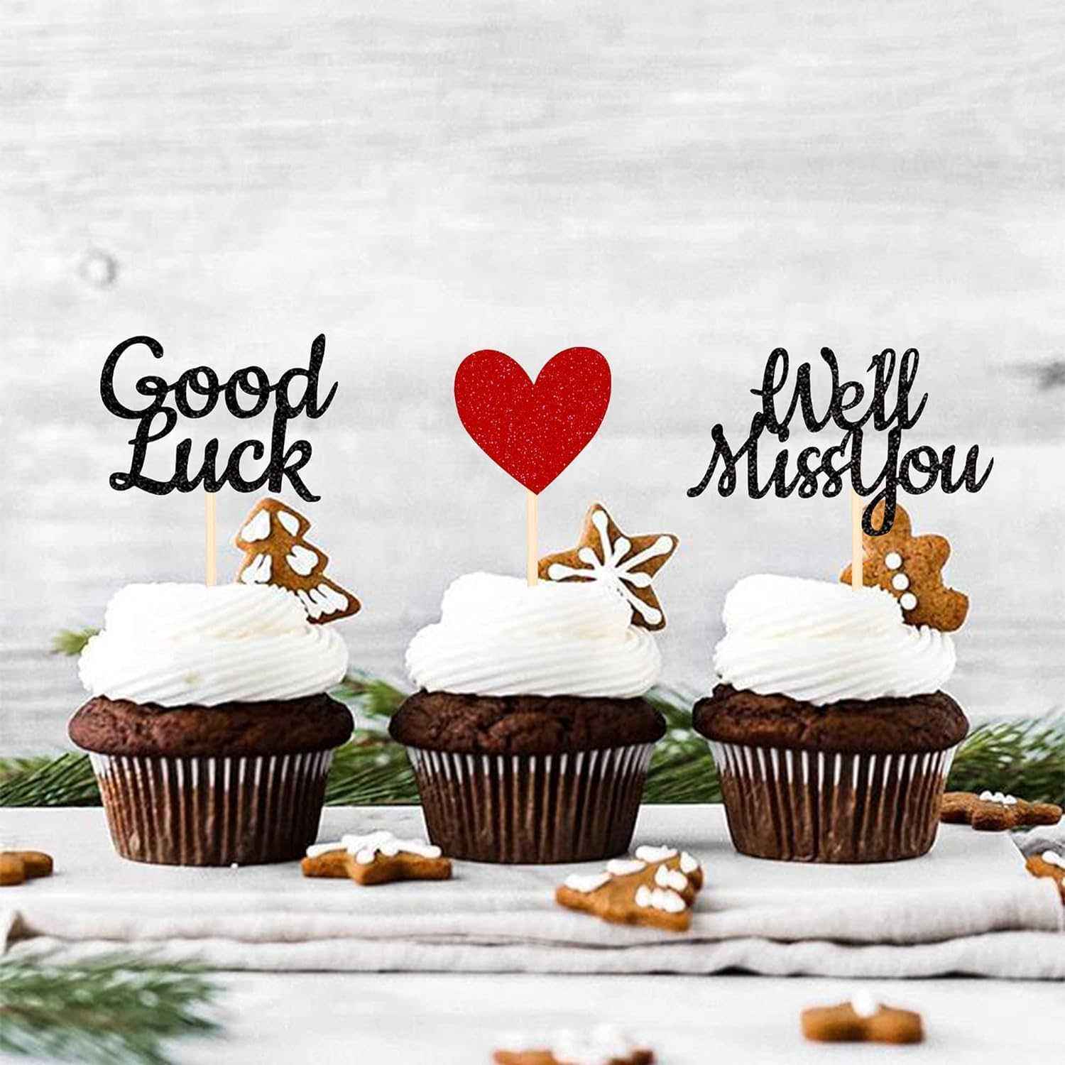 24 Pack We Will Miss You Cupcake Toppers Glitter Red Love Heart Good Luck Cupcake Picks Retirement Theme Going Away Party Cake Decorations (Black) image number 5