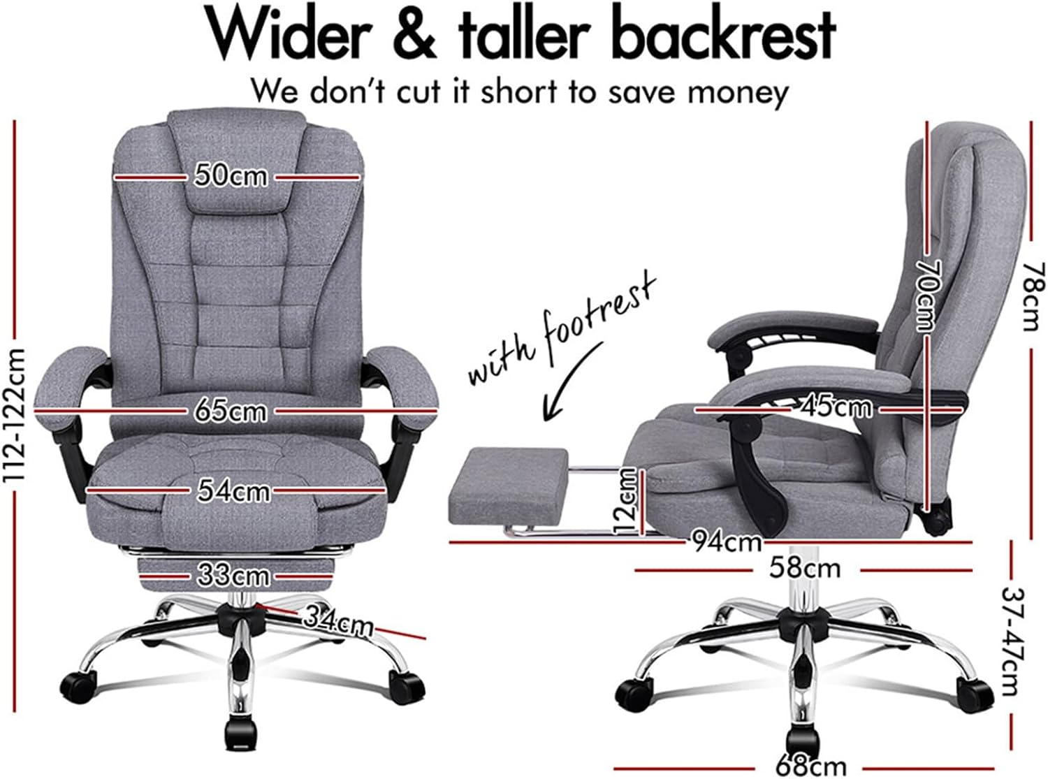 ALFORDSON Fabric Grey Swivel Video Game Chairs, Office Chair Ergonomic Computer Desk Chair Executive Home Desk Chair with Footrest - Dale Black image number 6