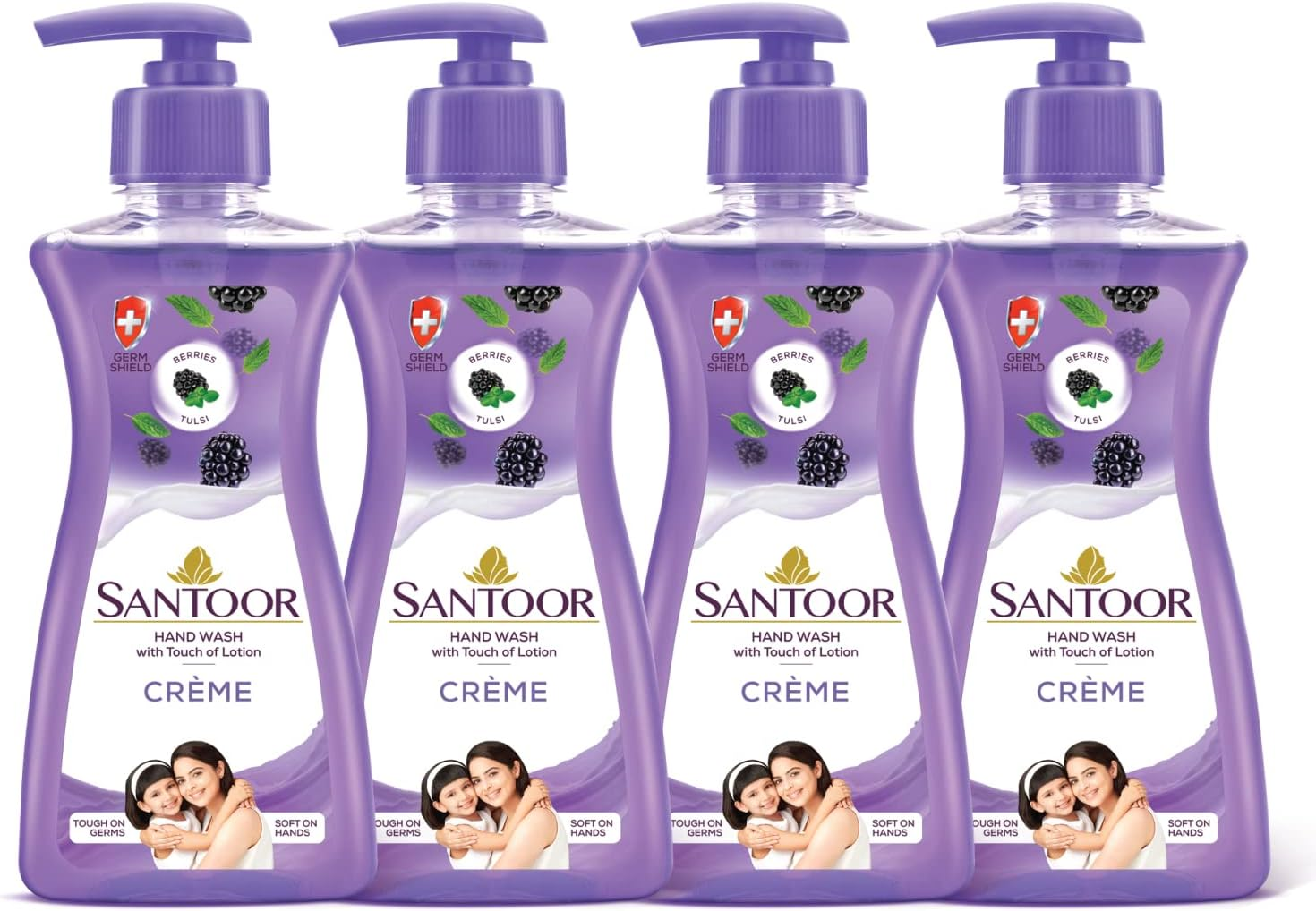 Santoor Cr&egrave;me Handwash 200Ml, Pack of 4 with Touch of Lotion| Made with Berries & Tulsi| Rich Lathering Formula with Anti-Bacterial Properties| Soft on Hands| Soothes & Hydrates Skin