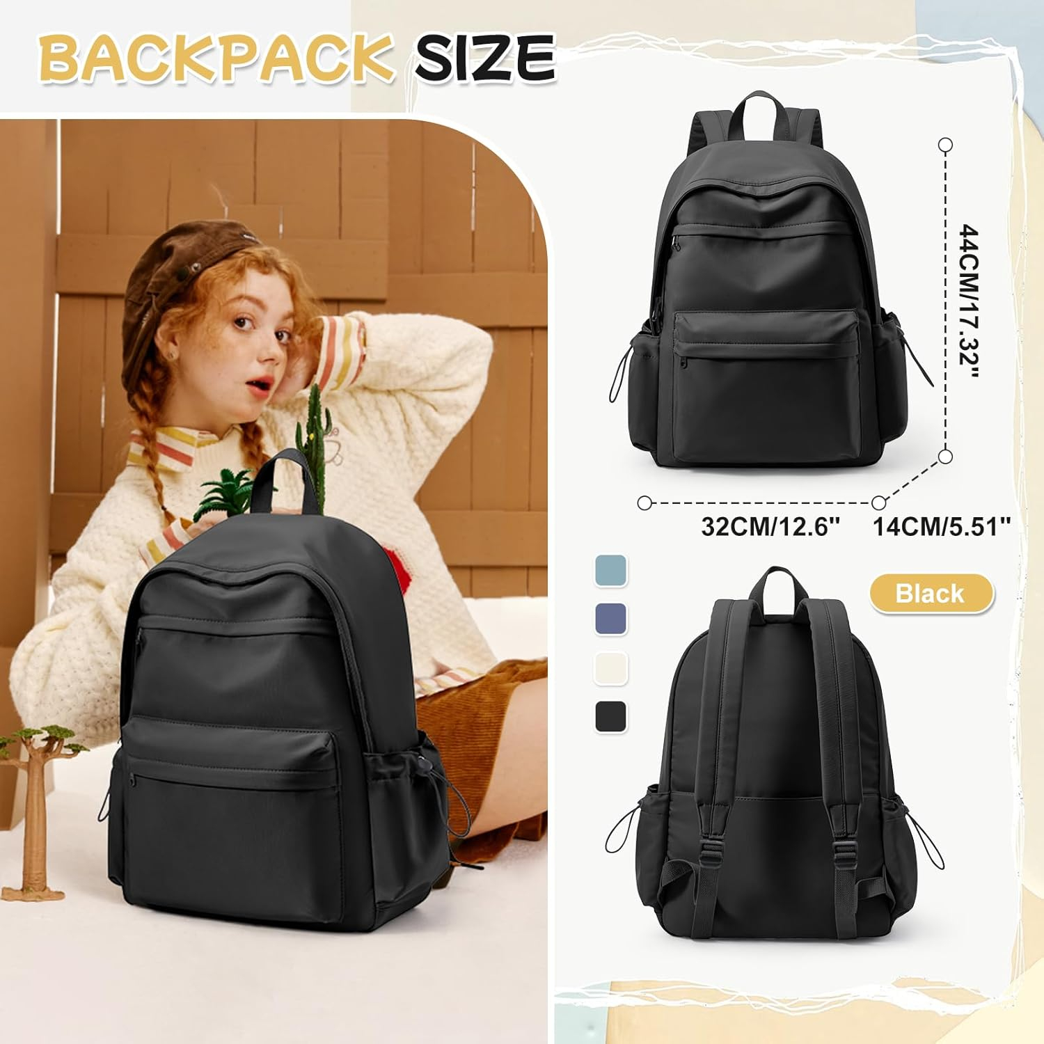 Pakembl School Backpack Womens Causal Travel School Bags 14 Inch Laptop Backpack for Teenage Girls Lightweight Rucksack Water Resistant Bookbag College Boys Men Work Daypack - A5-Black image number 5