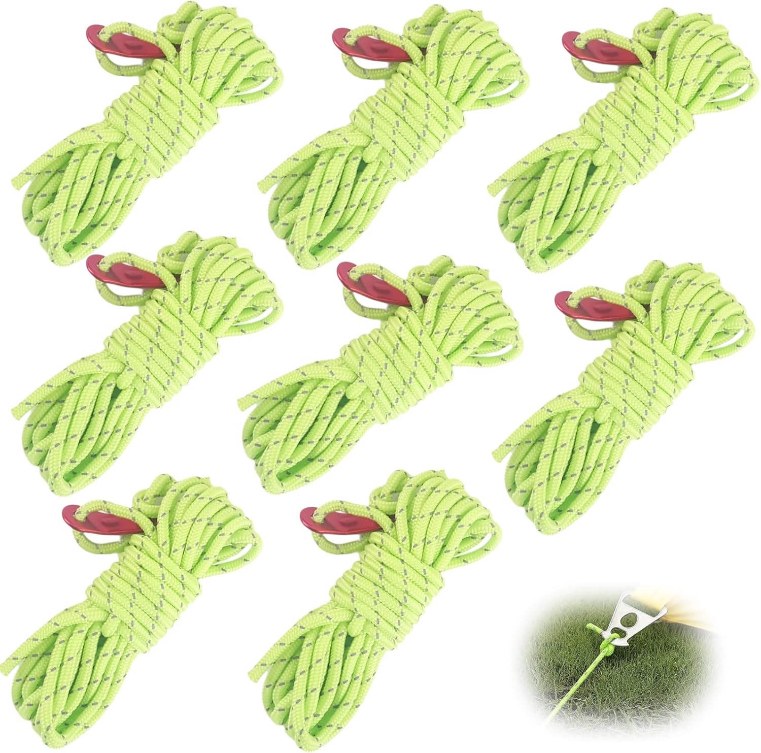 Pack of 8 Reflective Guy Ropes for Tents, 4Mm Luminous Tension Cord with Aluminium Tensioner Adjusters, Ideal for Camping, Hiking, and Awning Tents, 13.1 Feet Long, Green image number 4