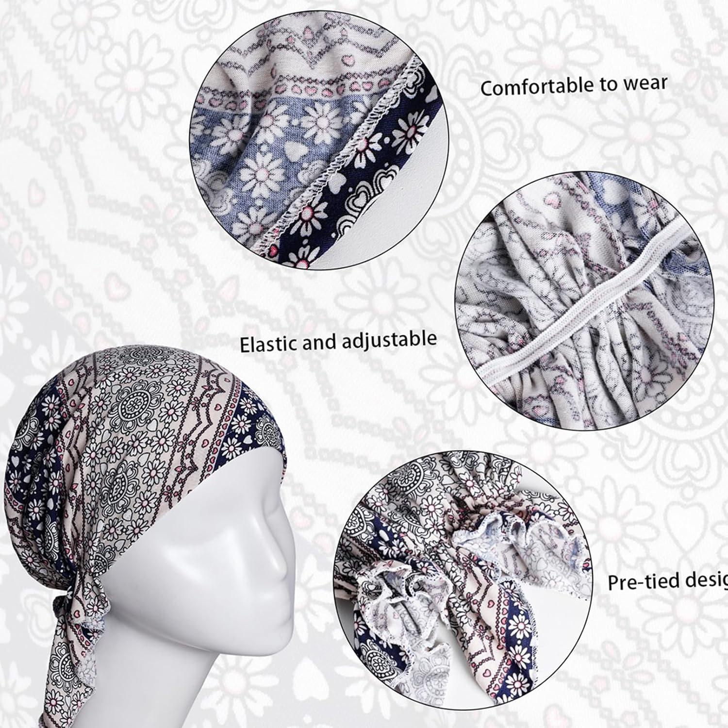 4 Pcs Cotton Chemo Headwear Floral Stretch Tied Chemo Head Scarves for Cancer Women image number 2