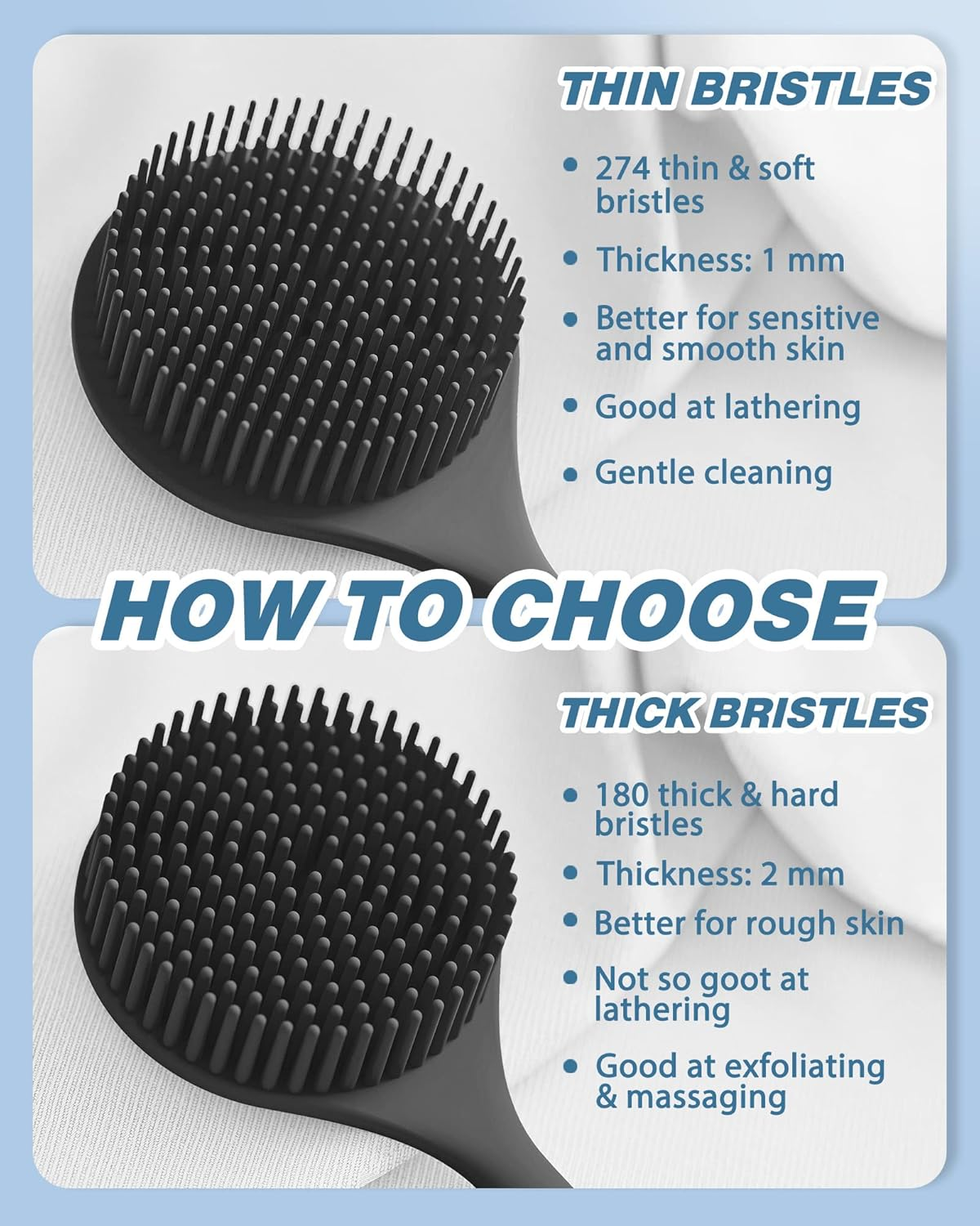 Manmihealth Silicone Back Scrubber for Shower(Thick Bristles), Body Scrubber with 15'' Long Handle, Light & Easy-To-Hold Shower Brush for Skin Exfoliating and Massaging, Not Good in Lathering.(Black) image number 3