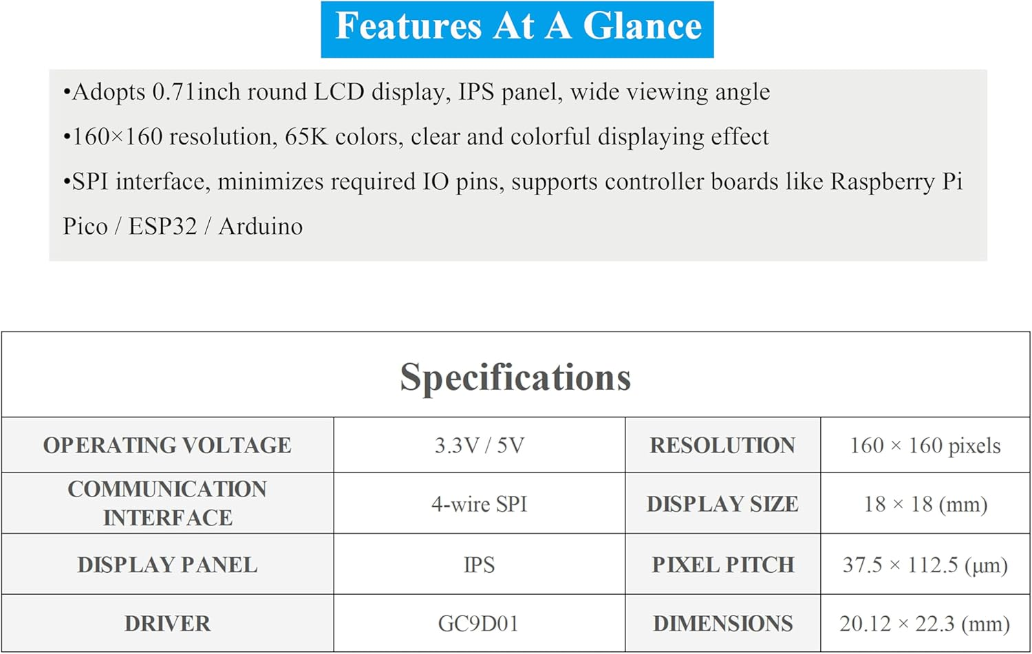 Ueekkoo 0.71Inch round LCD Display Module 160X160 Resolution SPI Interface 65K Colors IPS Panel Using SPI Bus, Compatible with Raspberry Pi Pico/Pi Pico 2/Pico 2 W/ ESP32 image number 3
