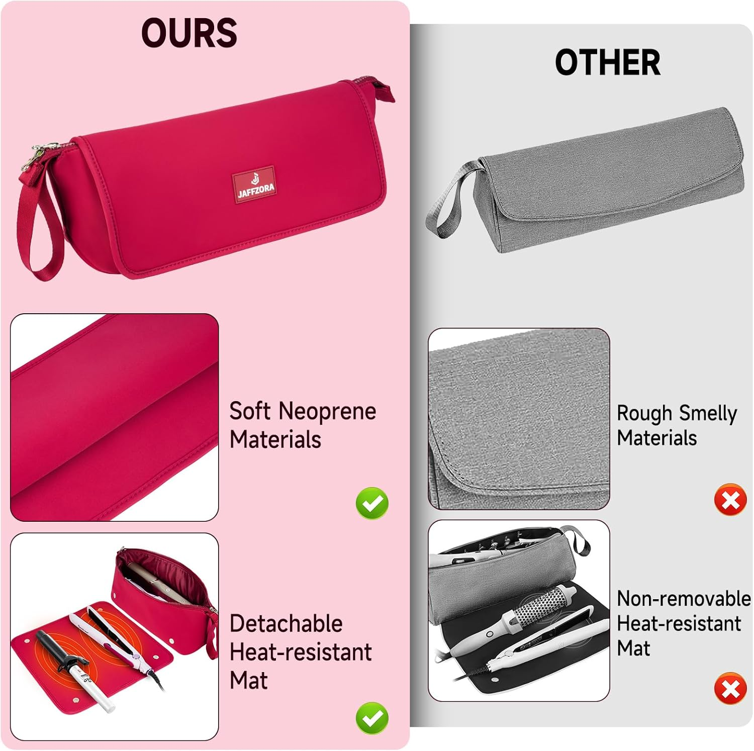 Hair Tools Travel Bag with Heat Resistant Mat and Lining, Portable 2 in 1 Hair Storage Bag for Curling Iron, Flat Irons, Straighteners and Haircare Accessories(Red)