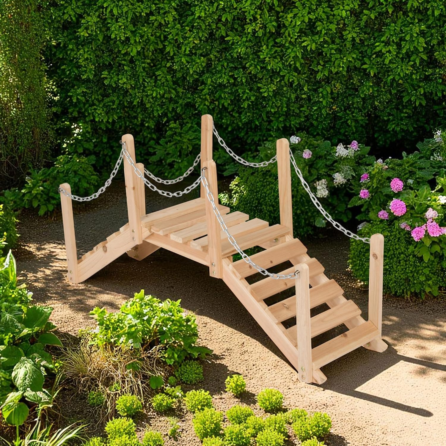 Shine Company 4963N Decorative Cedar Wood Garden Bridge with Side Rails, Natural