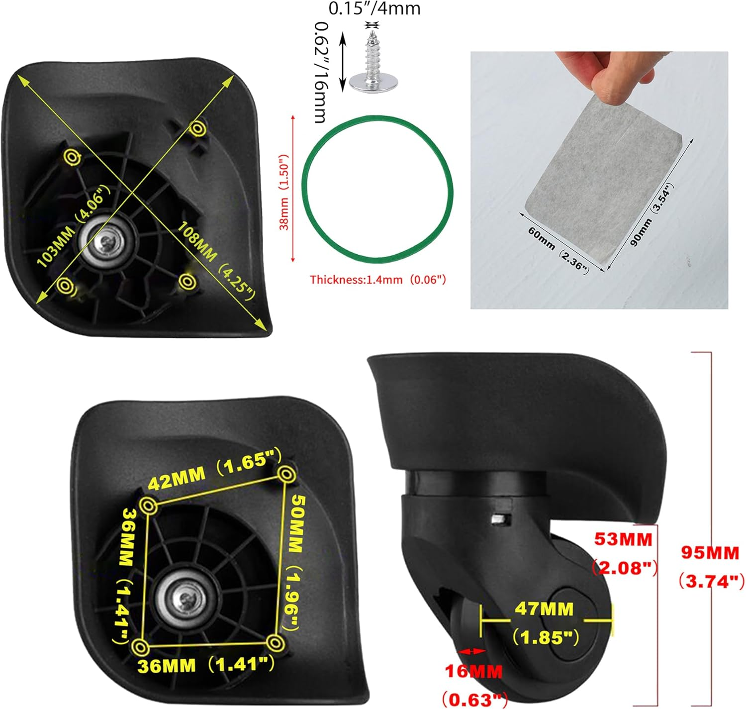 Bstinay W041-2 2PCS Suitcase Caster 360 Degree Swivel Replacement Wheels Left Right W/Blotting Sheet for Face, Black, Medium image number 4