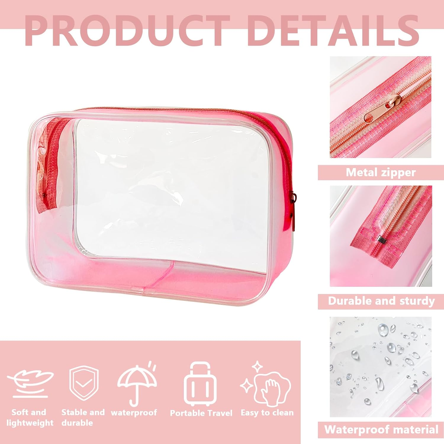 Toteprint Waterproof Cosmetic Bag with Zip Transparent with Coloured Frame Travel (18 X 12 X 6 Cm) - for Men and Women, Red, Modern image number 4