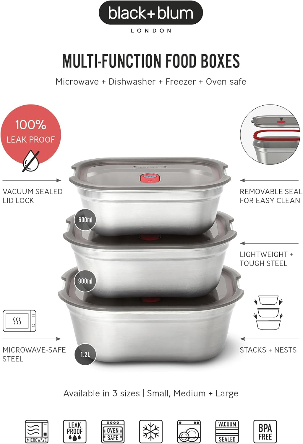 BLACK + BLUM Multifunctional Lunch Box Stainless Steel Set 600, 900, 1200 Ml | 100% Leak-Proof Meal Prep Boxes with Vacuum Seal | Stainless Steel Lunch Box Freezer, Microwave & Oven Safe | BPA Free image number 2