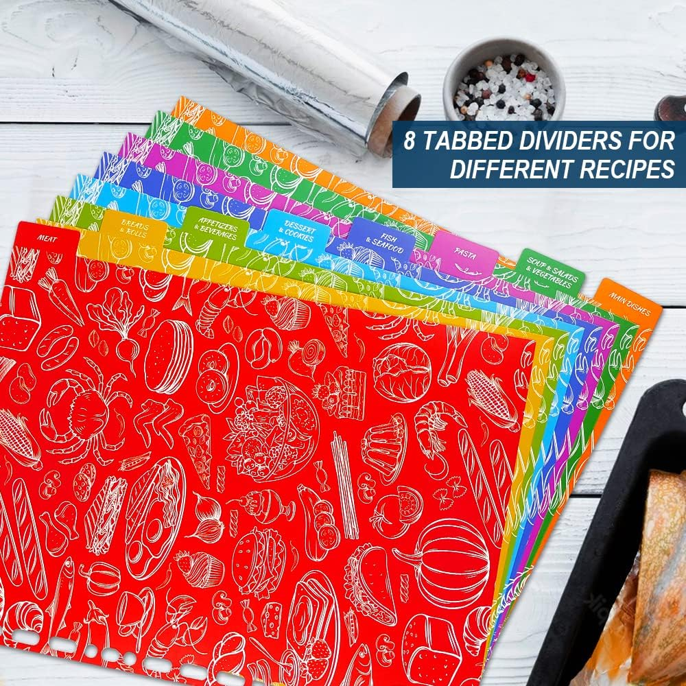 Recipe Binder, 8.5 X 11 Inch 3 Ring Recipe Binder Kit with 50 Plastic Sleeves Protectors, 100 Packs 5X7 Inch Recipe Cards & 8 Category Divider Tabs, Organizer Set Watercolor Floral in Blue Design (XL) - Blue Watercolor Flower image number 5