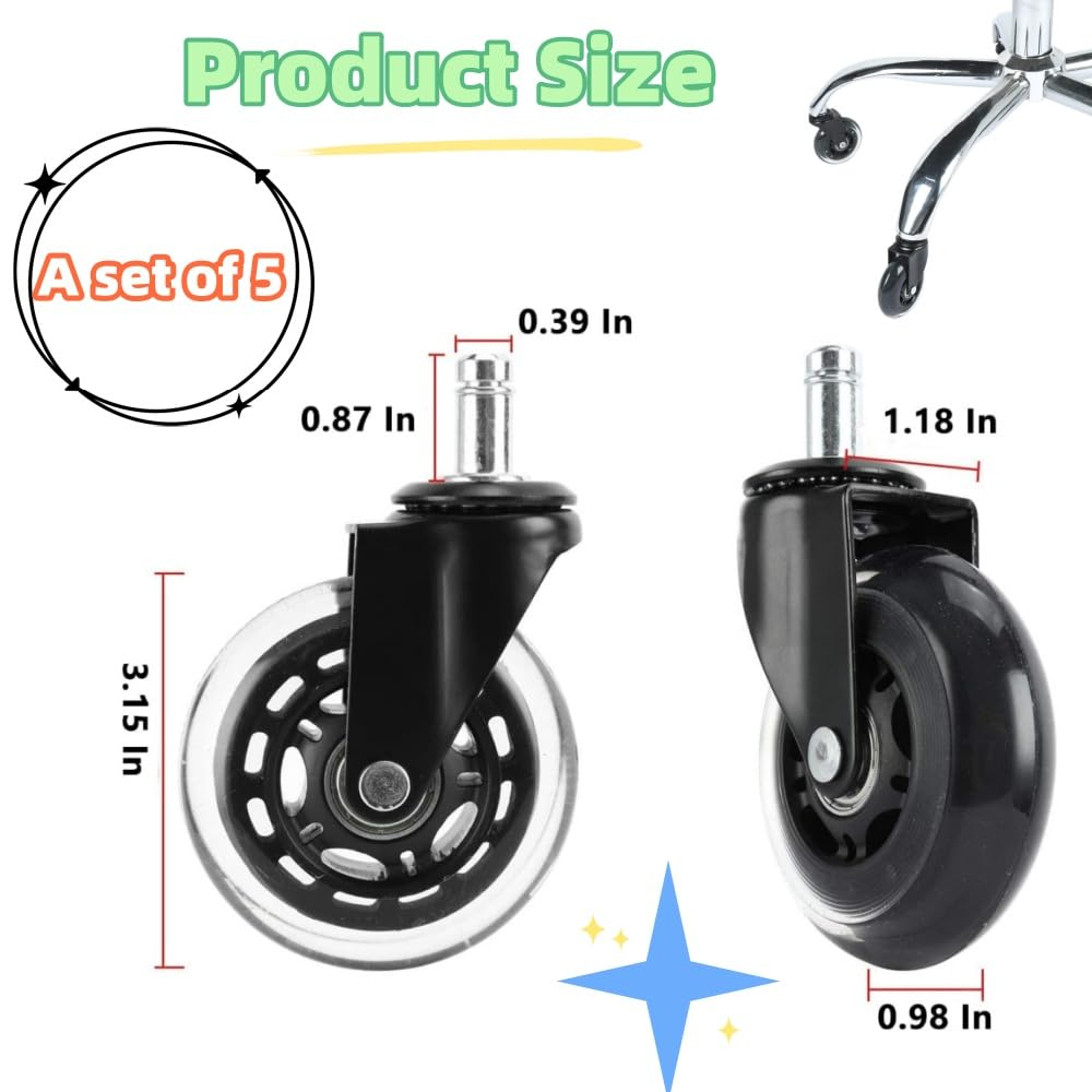 Office Chair Wheels, 3 Inch Desk Roller Blade Caster Replacement for Office, Rubber Rollerblade Wheels-Set of 5 for Hardwood Floors Gaming Chair Wheels Smooth & Silence Gliding(11&times;22 Mm) image number 4