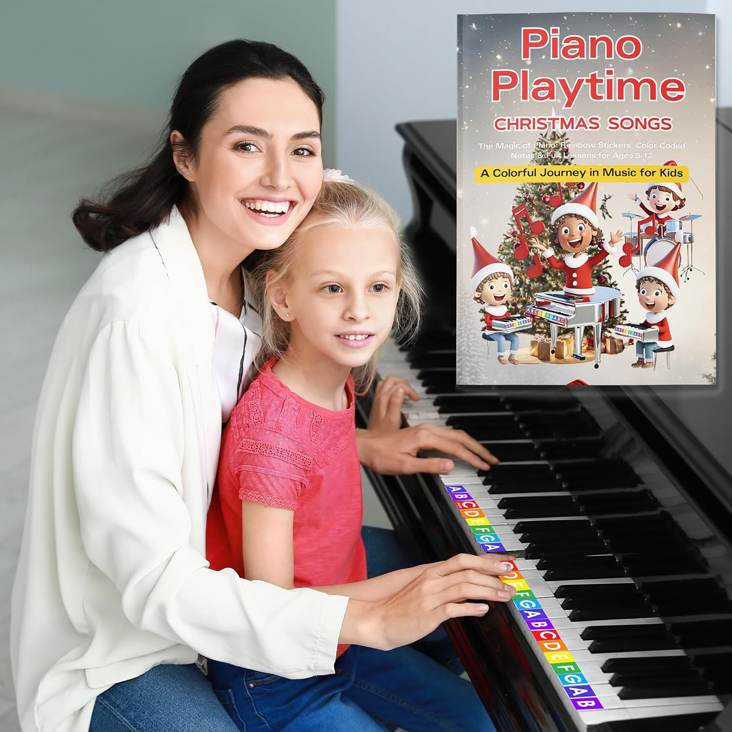 QMG Piano Playtime Christmas Beginner Piano Book for Children and Rainbow Color Piano and Keyboard Stickers