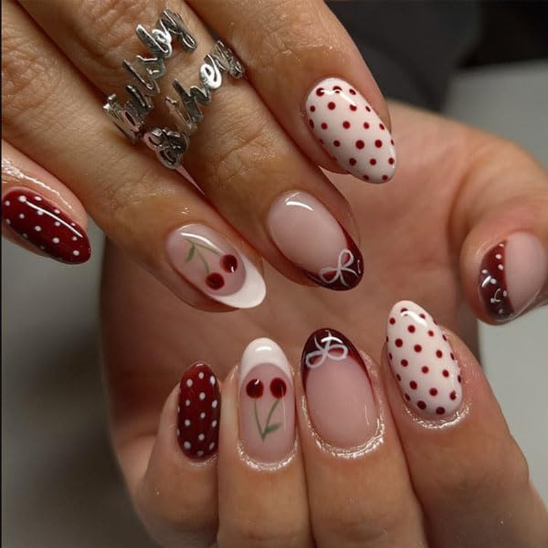 French Press on False Nails, Red Bow Checkered Cherry Flower Fake Nails, Romantic Love Style False Nails, Shiny Acrylic Artificial Nails for Valentine&rsquo;S Day and Daily Dating,24 PCS(11) image number 5