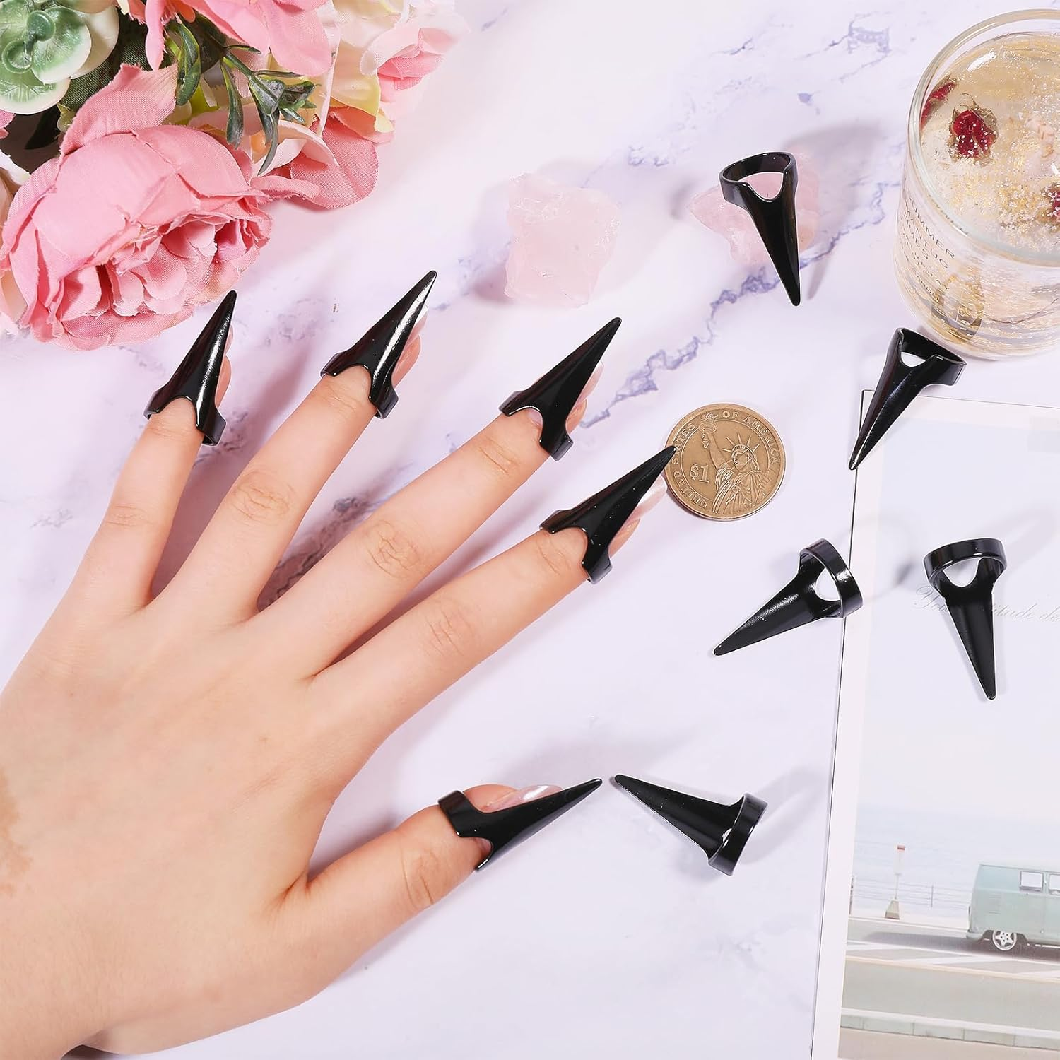 GLOBLELAND 20 Pieces Black Finger Claws Rings for Cosplay Retro Alloy Full Nail Set Gothic Punk Rock Talon Nail Fingertip Claw for Vampire Cat Wolf Cosplay Nail Art Halloween Costume Accessories - Black image number 3