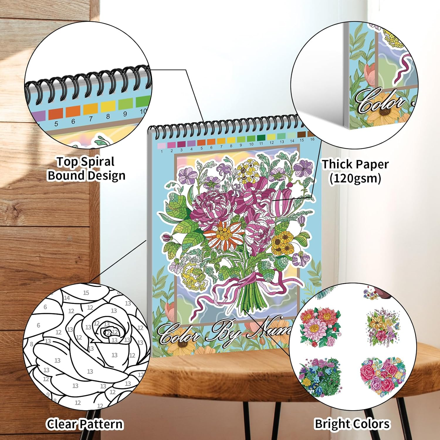 Jadeso Colour by Numbers Adult Colouring Book, Colouring Book for Adult Relaxation, Adult Colouring Book for Women, 30 Pages of Flower Patterns with Top Spiral Bound, Colour by Numbers for Adults, A4 Size with Cardboard image number 2