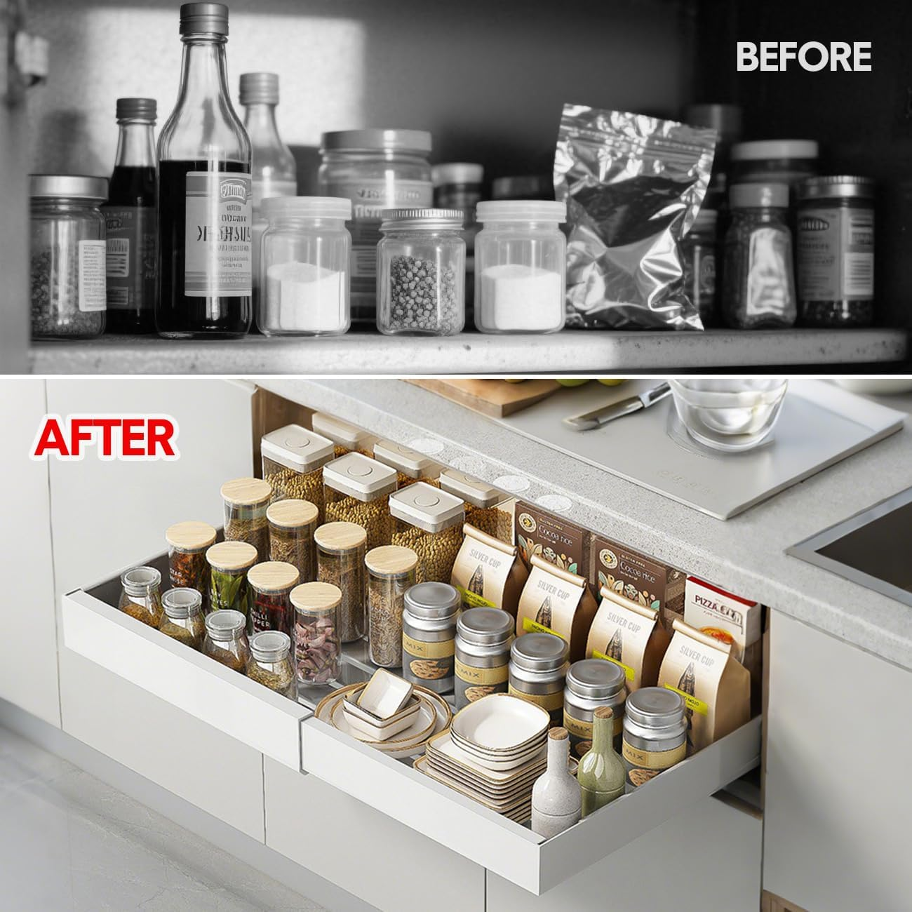 Aumerage Expandable Cabinet Organizer - Pull Out Drawers with Adhesive Mount, Adjustable Width 32-52Cm, Slide Out Storage for Kitchen Cabinets（Whinte 2PCS） image number 1