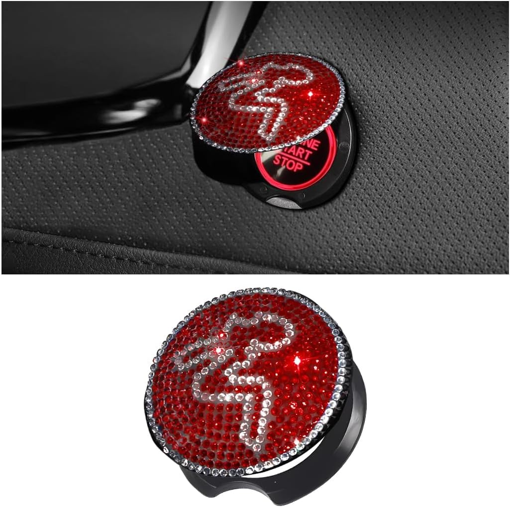 Bling Car Engine Push Start Stop Button Cover, Crystal Rhinestone Diamond Anti-Scratch Vehicle Engine Lgnition Button Decoration Protector Sticker for Women Girls, Universal Fit (Red)