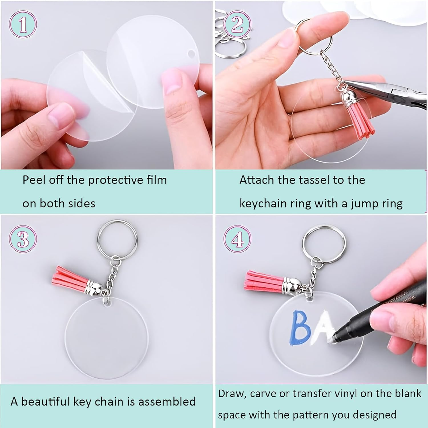 350 Pcs Acrylic Keychain Blanks,Diy Transparent Keychain Tassels Set, Include 60 round Acrylic Circle Disc,60 Key Rings with Chain,60 Colorful Tassel,170 Jump,Rings for DIY Keychain and Craft image number 4