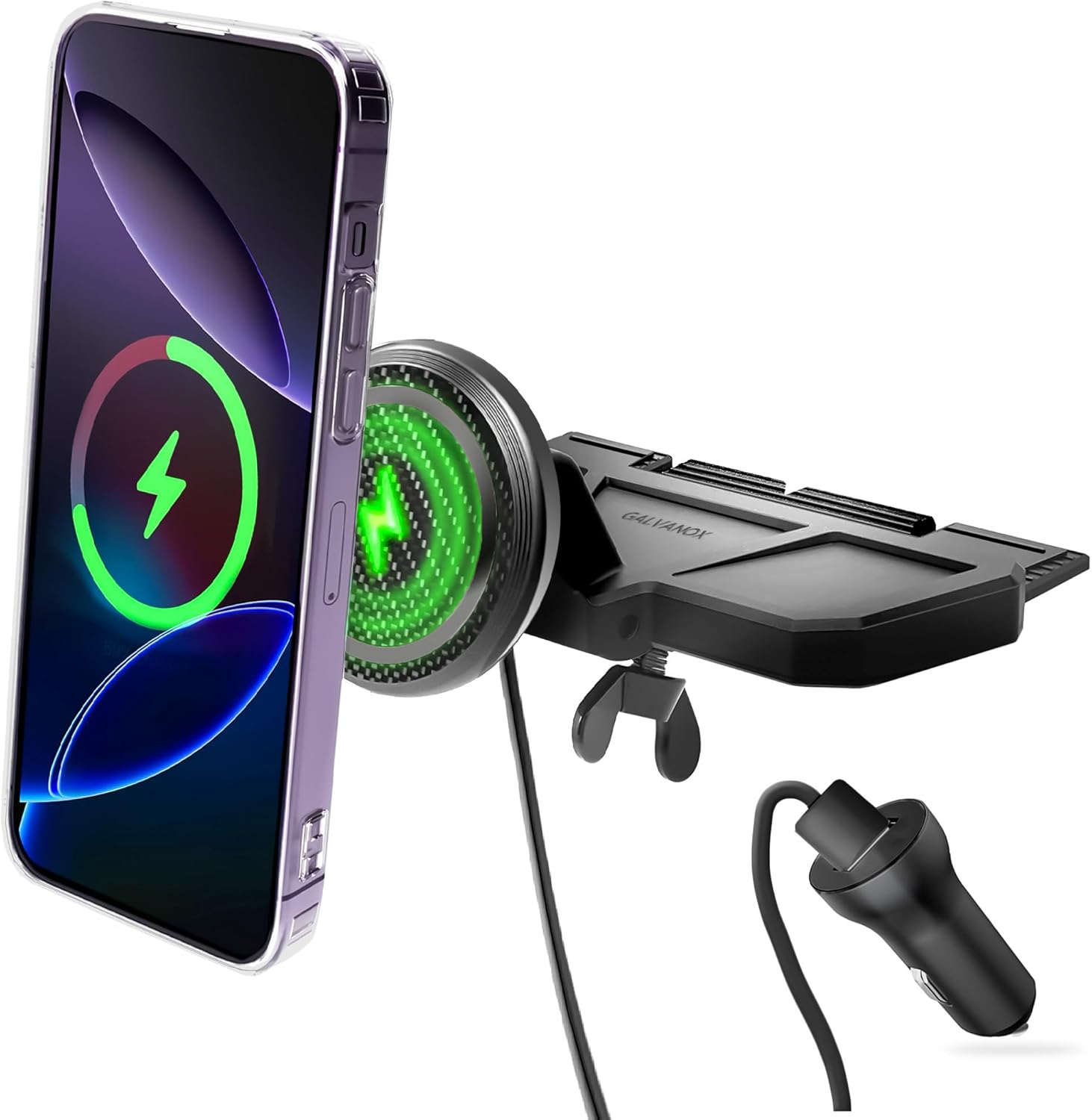 GALVANOX Wireless Charging Car CD Slot Phone Holder - Magnetic Mount Charger with Secure Cd-Player Attachment - Compatible with Magsafe, Black image number 6
