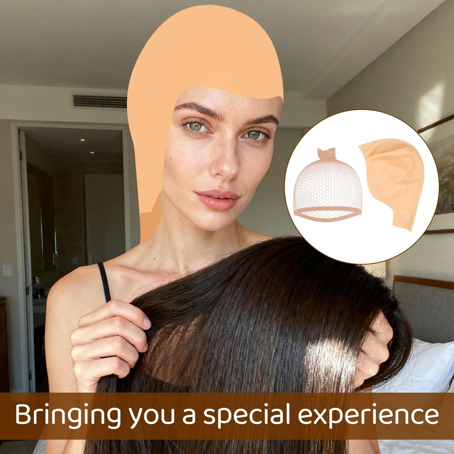 3 Packs Bald Cap with 4 Pcs Wig Cap, Nude Latex Bald Cap for Makeup Cosplay, Bald Caps for Adults Halloween Party, Bald Cap Wig for Costume Accessory, Stage Performance, Lightweight and Stretchable