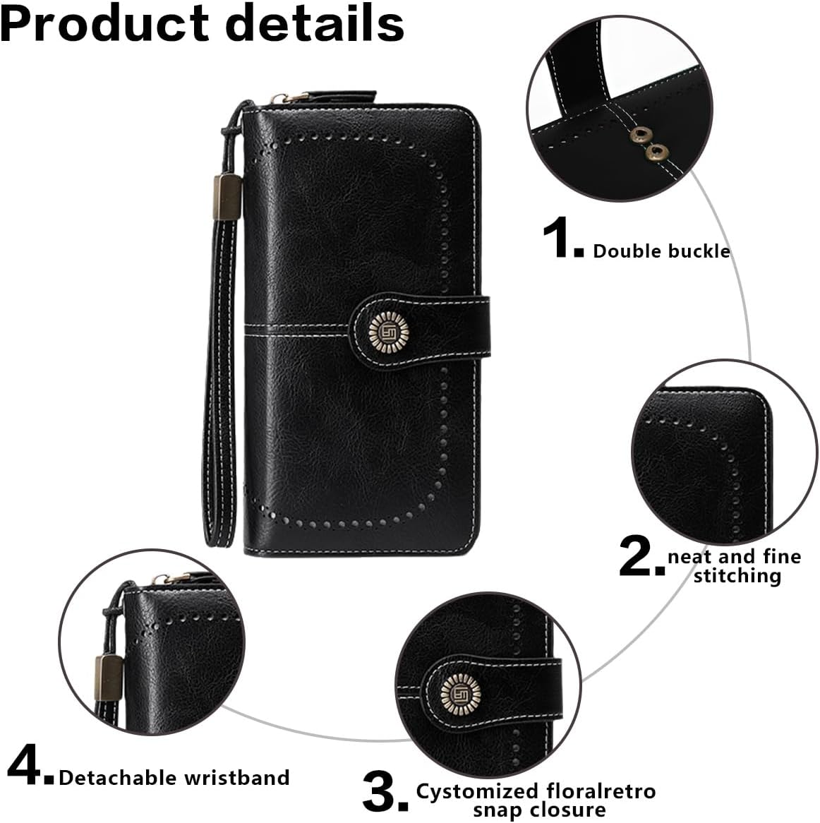 Women Long Wallet Retro Oil Wax Leather Hollowing Out Purse RFID Blocking Credit Card Holder Cute Ladies Girl Travel-Black - Brown image number 6