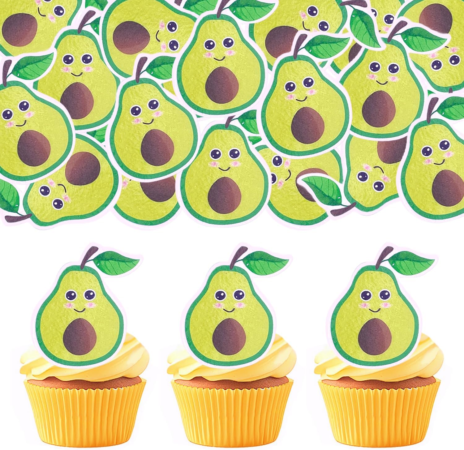 50Pcs Cartoon Fruit Smiley Cupcake Decoration, Edible Wafer Paper Creative Banana Cherry Baby Full Moon Birthday Festival Series Theme Party Dress up Plug-In (Avocado 50Pcs) image number 2
