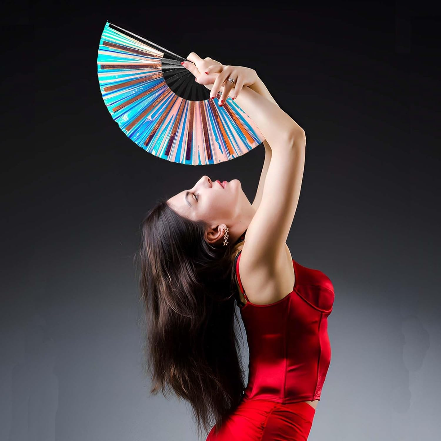 Large Clack Hand Rave Fan Holographic Folding Popping Line Dance Fan Foldable Handheld Clacking Fans for Line Dancing Craft Laser Rave Accessories for Festival Rainbow Outfits Party Club(Light Blue) image number 2