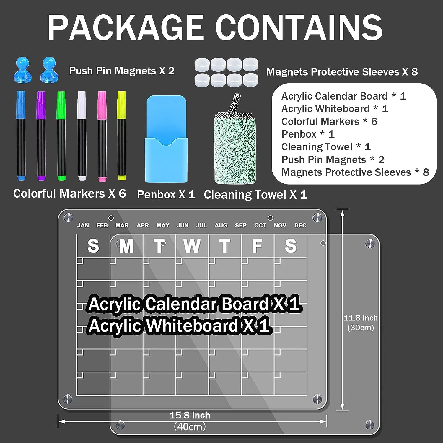 Acrylic Magnetic Fridge Calendar 2Pcs Clear Monthly Planner and Memo Board for Fridge 15.8" X 11.8" Reusable Organiser Board Includes 6 Wet Erase Markers, Markers Holder, Wipe Cloth image number 1