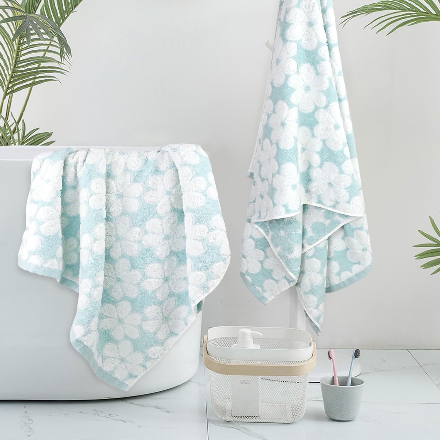 Cotton Towels for Bathroom Decor with Floral Jacquard, Super Soft and Absorbent Bath Towel Set of 2, Large Size 27.5X55 Inches image number 3