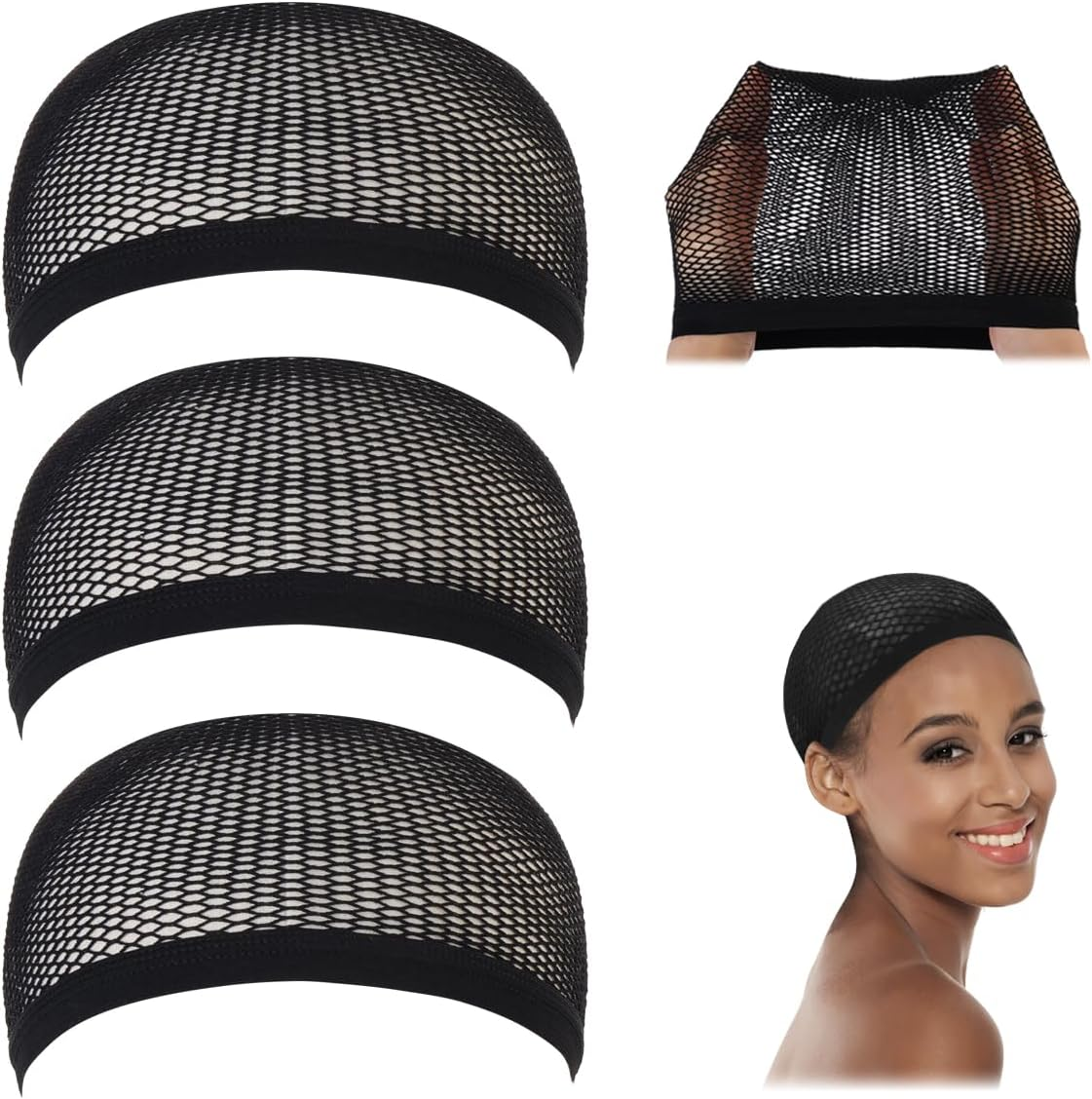 3 Pack Dreamlover Close End Fishnet Wig Caps, Thicker and Strong Nylon Thread, Durable and Breathable, Black