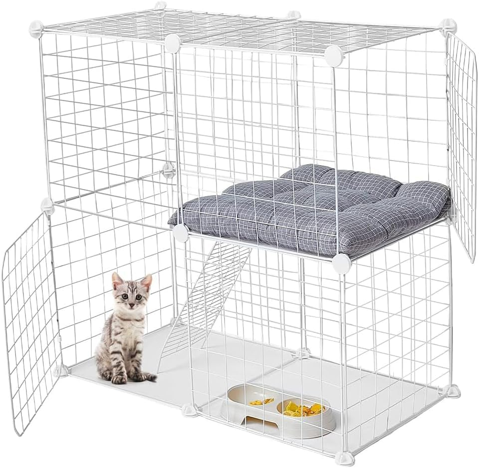 2 Tier Cat Cage Indoor, Detachable Metal DIY Pet Playpen, Portable Collapsible Pet Cat Cage, Animal Cage Wire Cage Indoor, 75 * 73 * 39 Cm, White image number 2