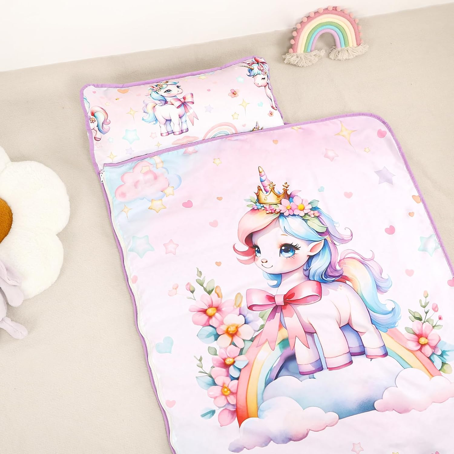 Toddler Nap Mat with Removable Pillow & Soft Minky Blanket, HNHUAMING Extra Large Rolled Napping Mats for Girls Boys, Kids Slumber Bags for Daycare, Preschool Travel Camping image number 5