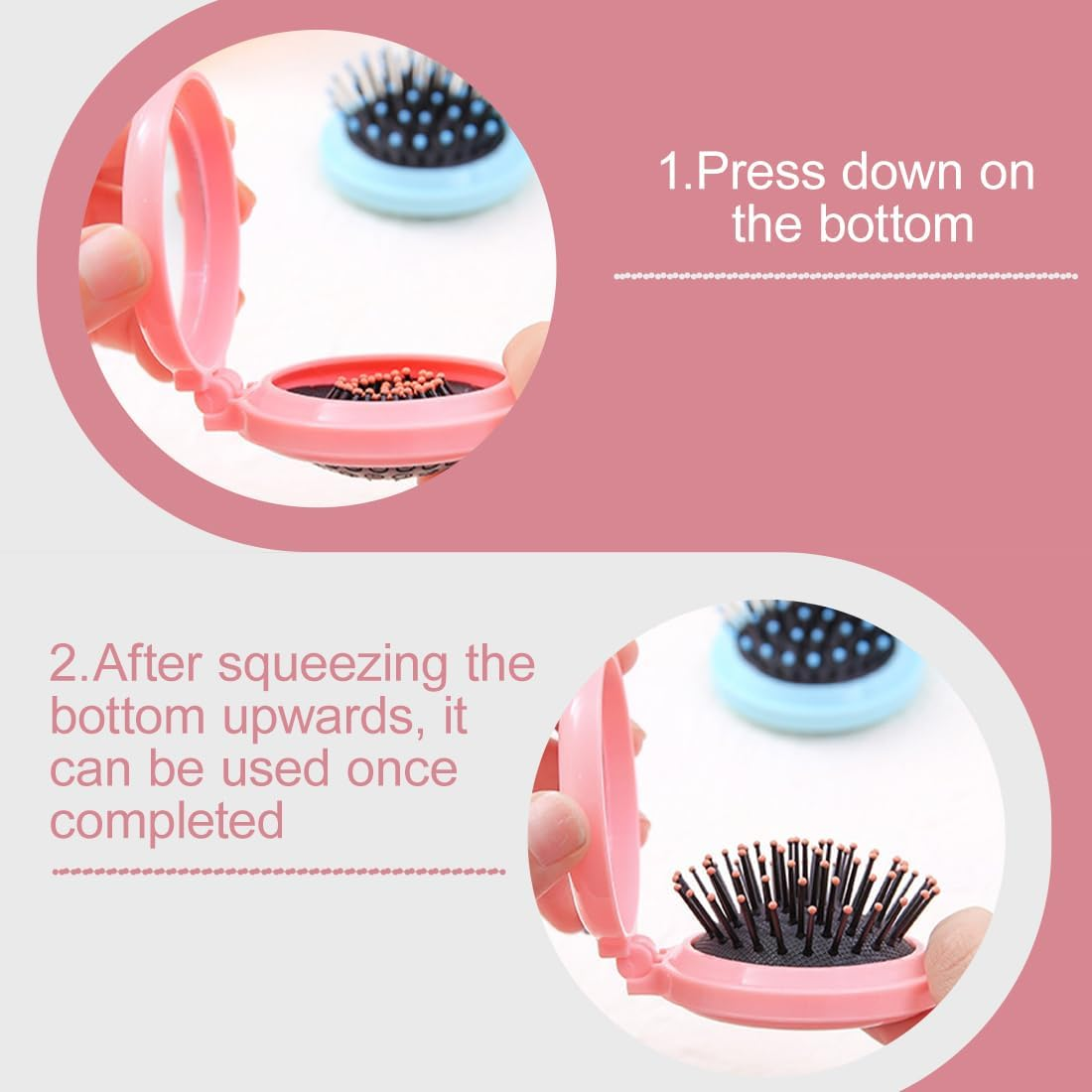 Pack of 2 Foldable Travel Hair Brush with Mirror Foldable Travel Mirror round Portable Foldable Bag Hair Brush for Men Women and Girls Purple Pink image number 2