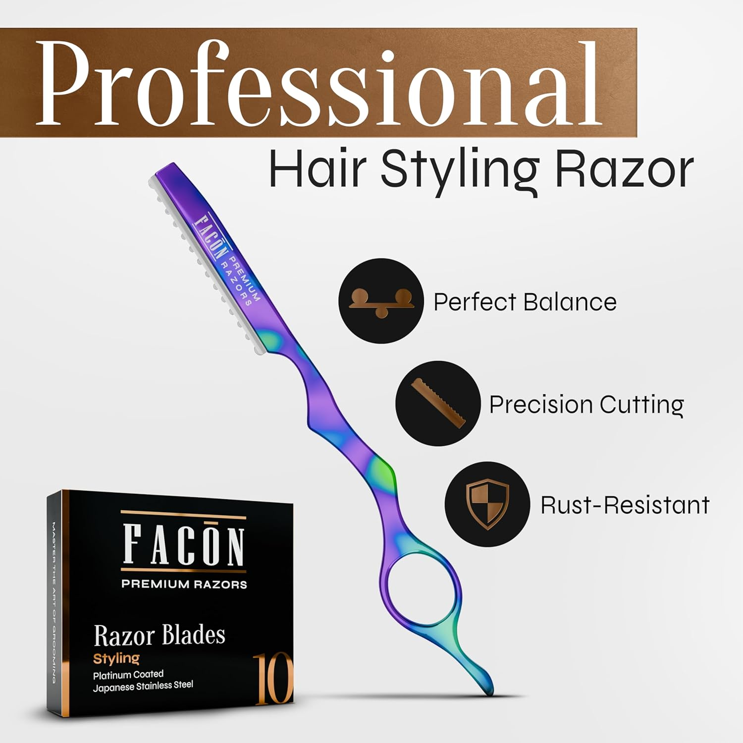Fac&oacute;n Hair Razors for Cutting Hair - Professional Hair Styling Razor Kit with 11 Replacement Blades, Stainless Steel Hair Cutting Tool for Salon & Home, Premium Hair Thinning Texturizing Faether Razor image number 4
