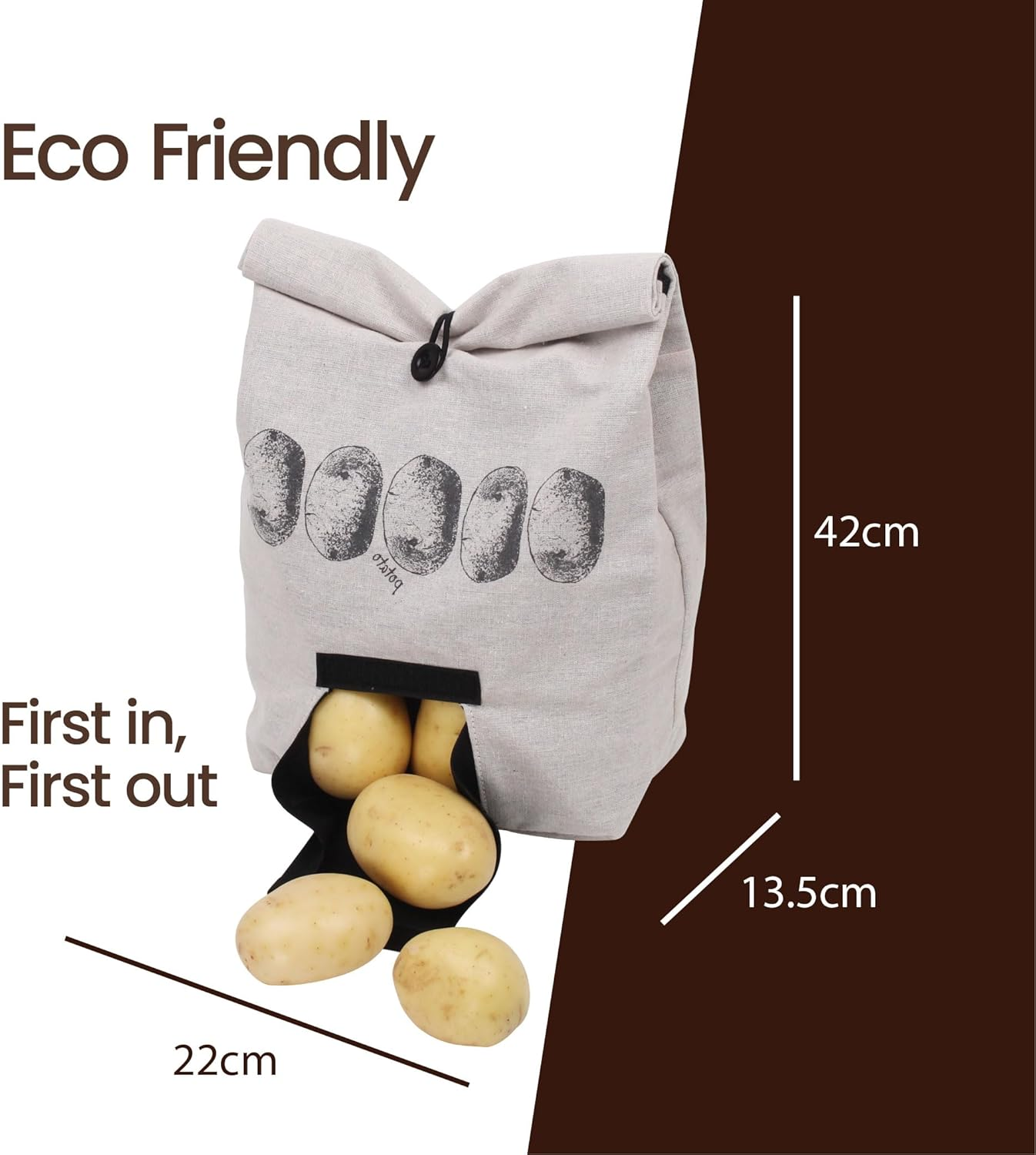 Eco Basics Potato Bag &ndash; Breathable Linen Look with Blackout Lining, Roll over Top, Button Tie, Easy Access Flap, Reusable Storage Solution for Potatoes & Root Vegetables image number 4