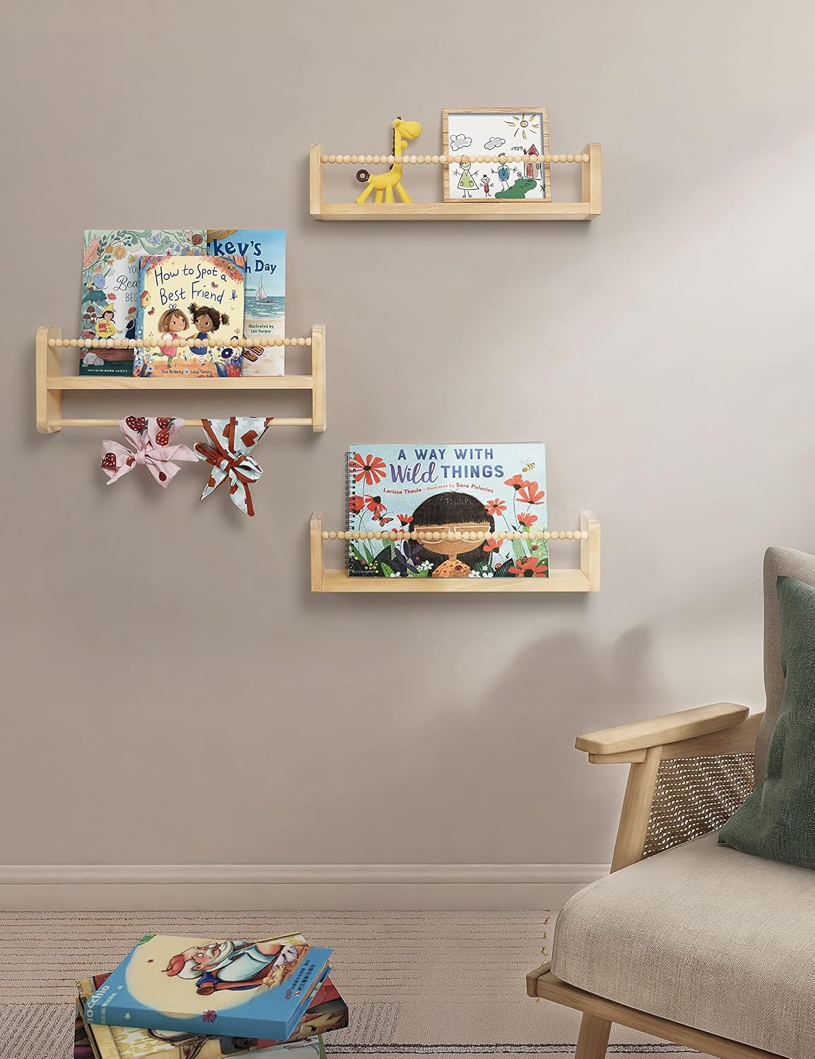 Nursery Floating Shelves for Wall, Set of 3 Book Shelves Natural Wood Wall Mounted Organizer with Towel Bar Hanging Bookshelves Nursery Decor for Kids Room, Bedroom and Kitchen