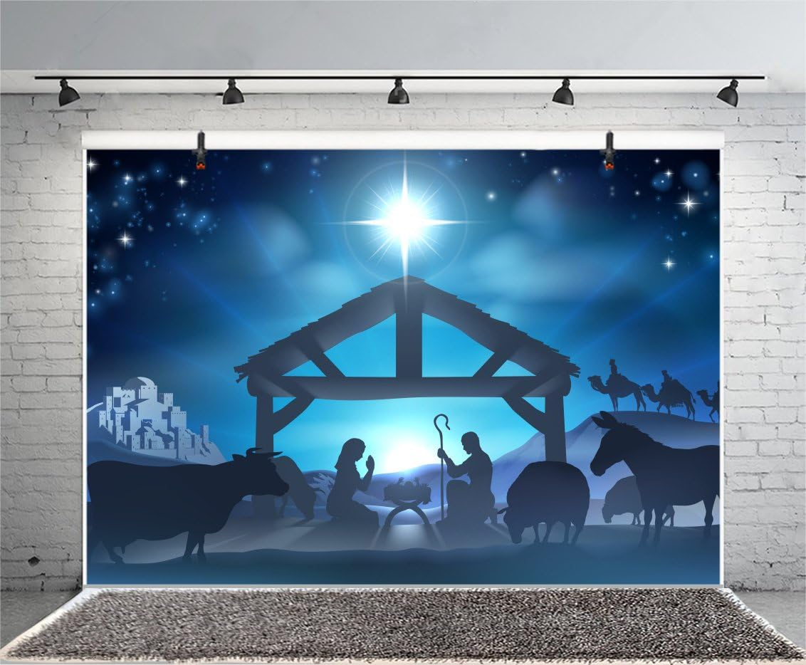 10X8Ft Birth of Jesus Backdrop Christmas Night Manger Nativity Scene Silhouette Background Farm Barn Stable Christianity Photography Prop Studio Photo Booth Props image number 4