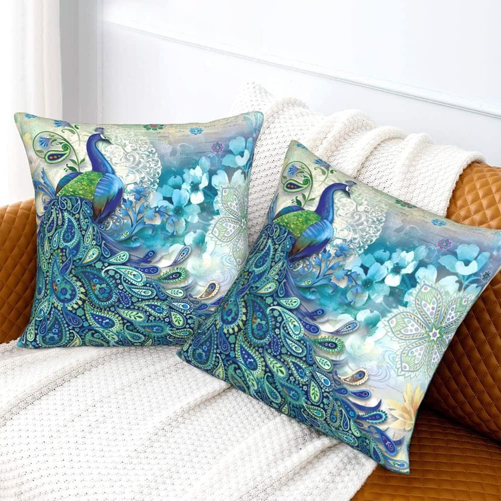 Teal Peacock Throw Pillow Covers Set of 2, Vintage Watercolor Blue Teal Turquoise Peacock Gifts Microfiber Fabric Decoration Pillowcases Home Sofa Couch Bed Decor Square 18X18 Inches Pillow Cases image number 3