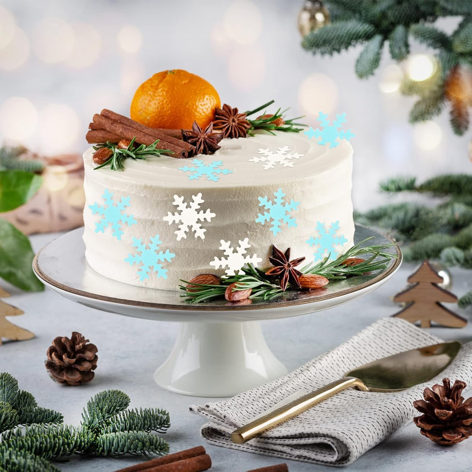 50Pcs Edible Snowflake Cupcake Cake Decoration, 5Cm Cute Snowflakes Confetti Decorations, Winter Cupcake Topper for Christmas Winter Frozen Snowflake Theme Birthday Party Wedding Baby Shower image number 4