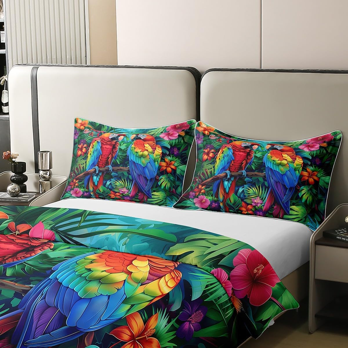 Parrot 100% Cotton Bed Linen Set, Colourful Animals Tropical Jungle Duvet Cover 135 X 200 Cm for Children, Boys, Girls, Teenagers, Palm Leaves, Flowers, Natural Duvet Cover with 1 Pillowcase Bed Set image number 5