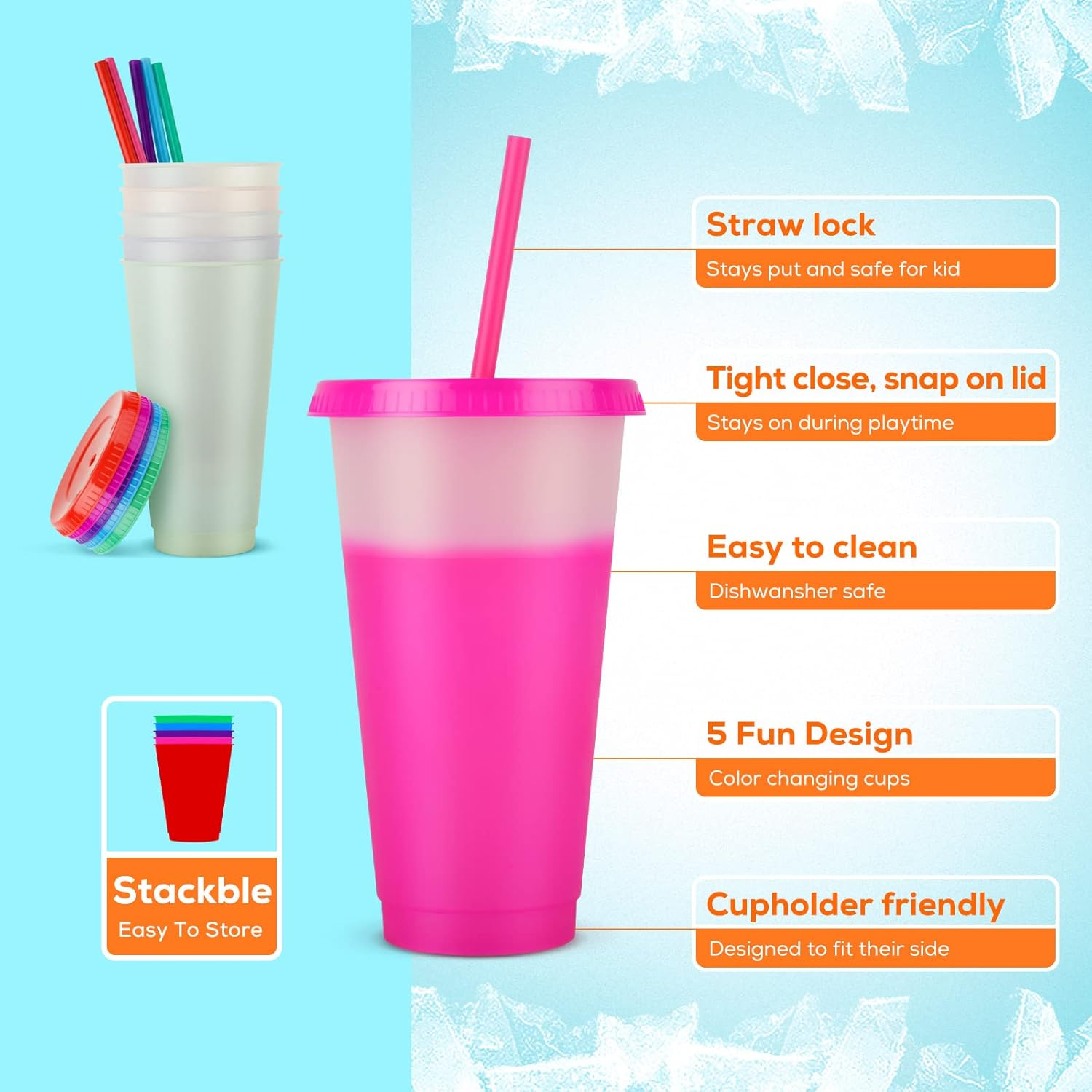 Color Changing Cups with Straws & Lids: 24Oz Cold Water Drinking Cups 5 Pack Reusable Plastic Tumbler Bulk Ice Cold Drinking Cup for Kids Partytravel Mug image number 4
